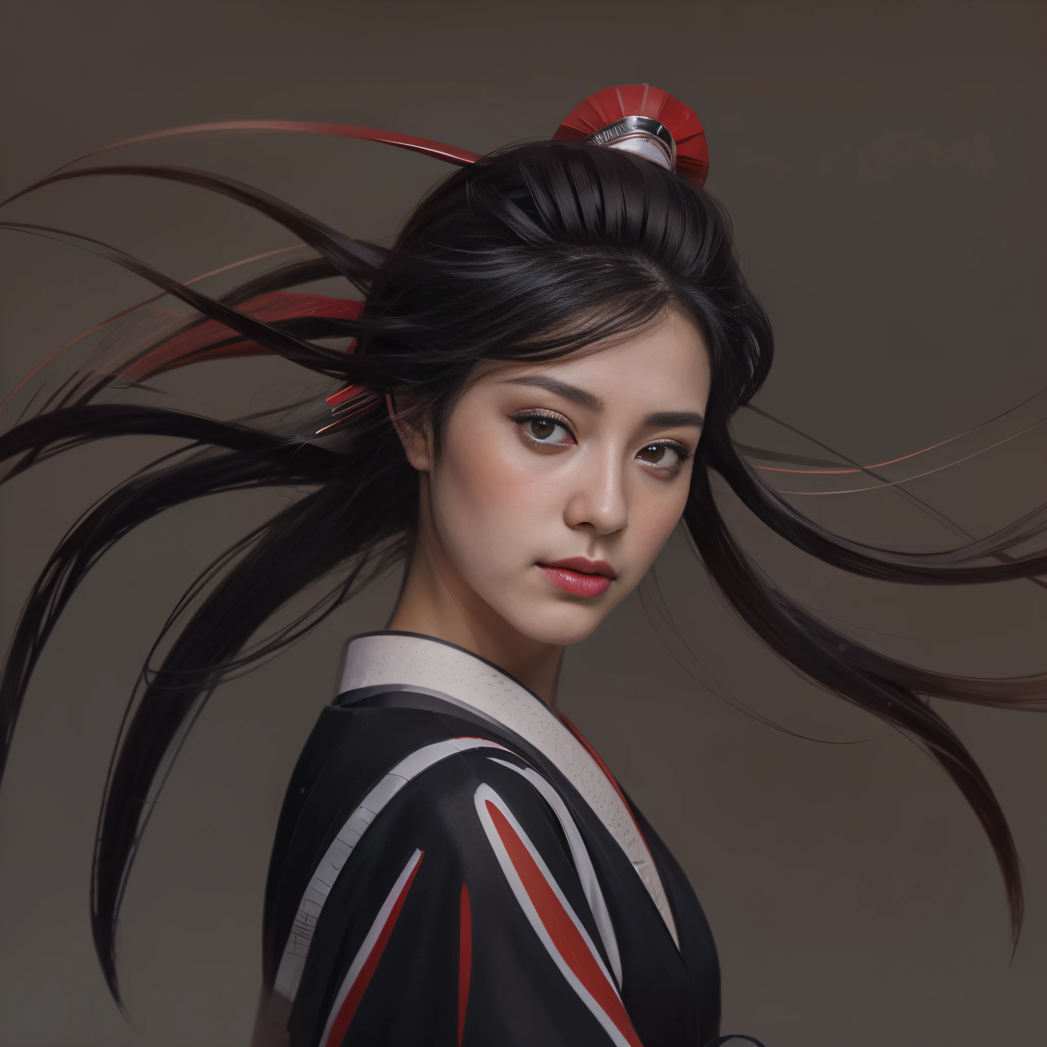 Anime style portrait of a woman with long black hair, and a small red hat, a beautiful art illustration, Portrait of a beautiful geisha, Portrait of Mulan, Geisha portrait, anime woman portrait, exquisite digital illustration, Portrait of a geisha, beautiful digital art, beautiful character painting, in digital illustration style, female geisha girl, cute digital illustration.