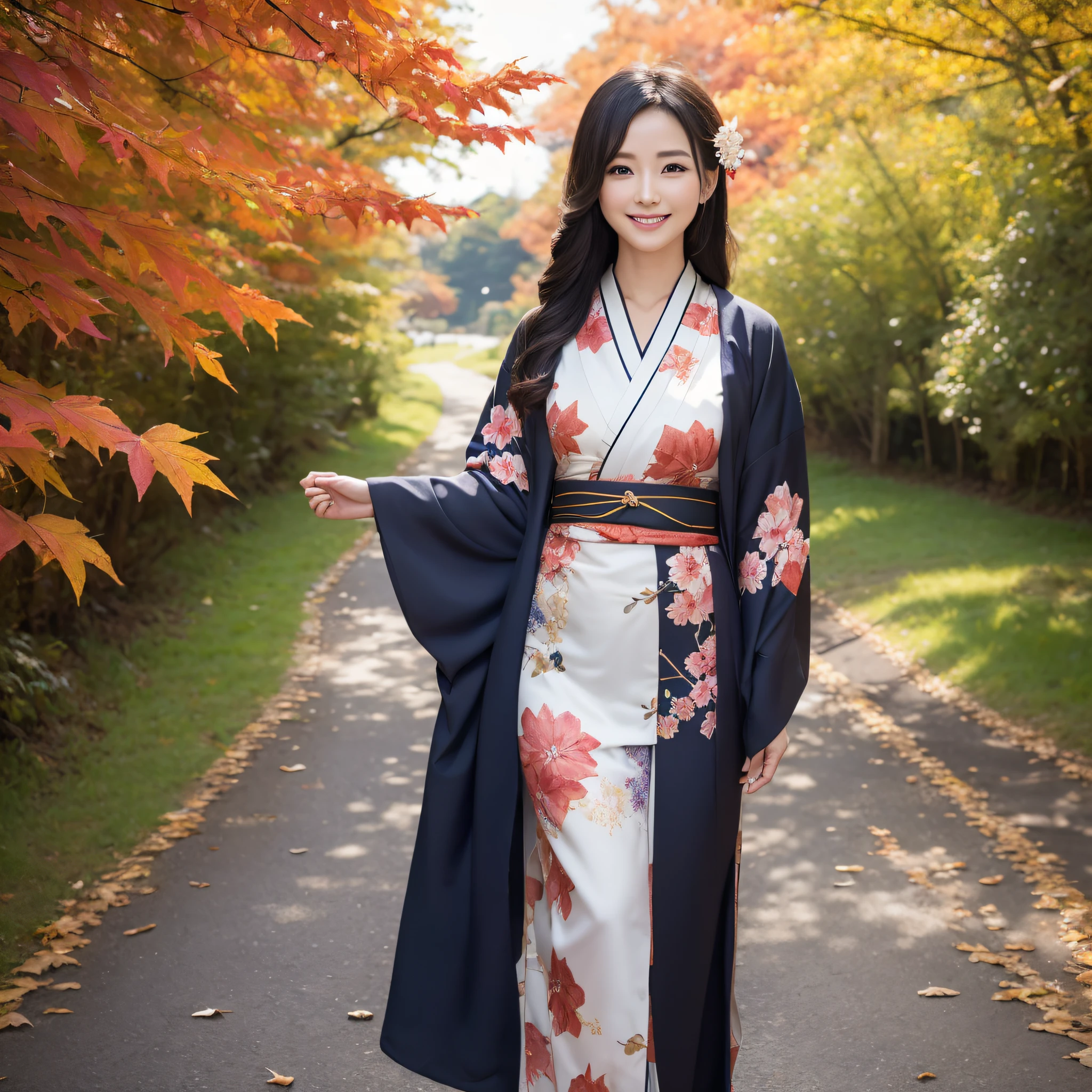 (Super beautiful woman in kimono)、((best qualtiy、8k masterpieces:1.3))、foco nítido:1.2、(ultra beautiful faces:1.0)、(shinny skin:1.0)、photos realistic、A dark-haired、Video Lighting、High-definition eyes and face、Video Lighting、Japanese actressl、from the front side、medium breasts、With a happy smile、Slender Abs Beauty、Whole body、wearing kimonos、Under the autumn leaves、obi、hair adornments、Drawstring