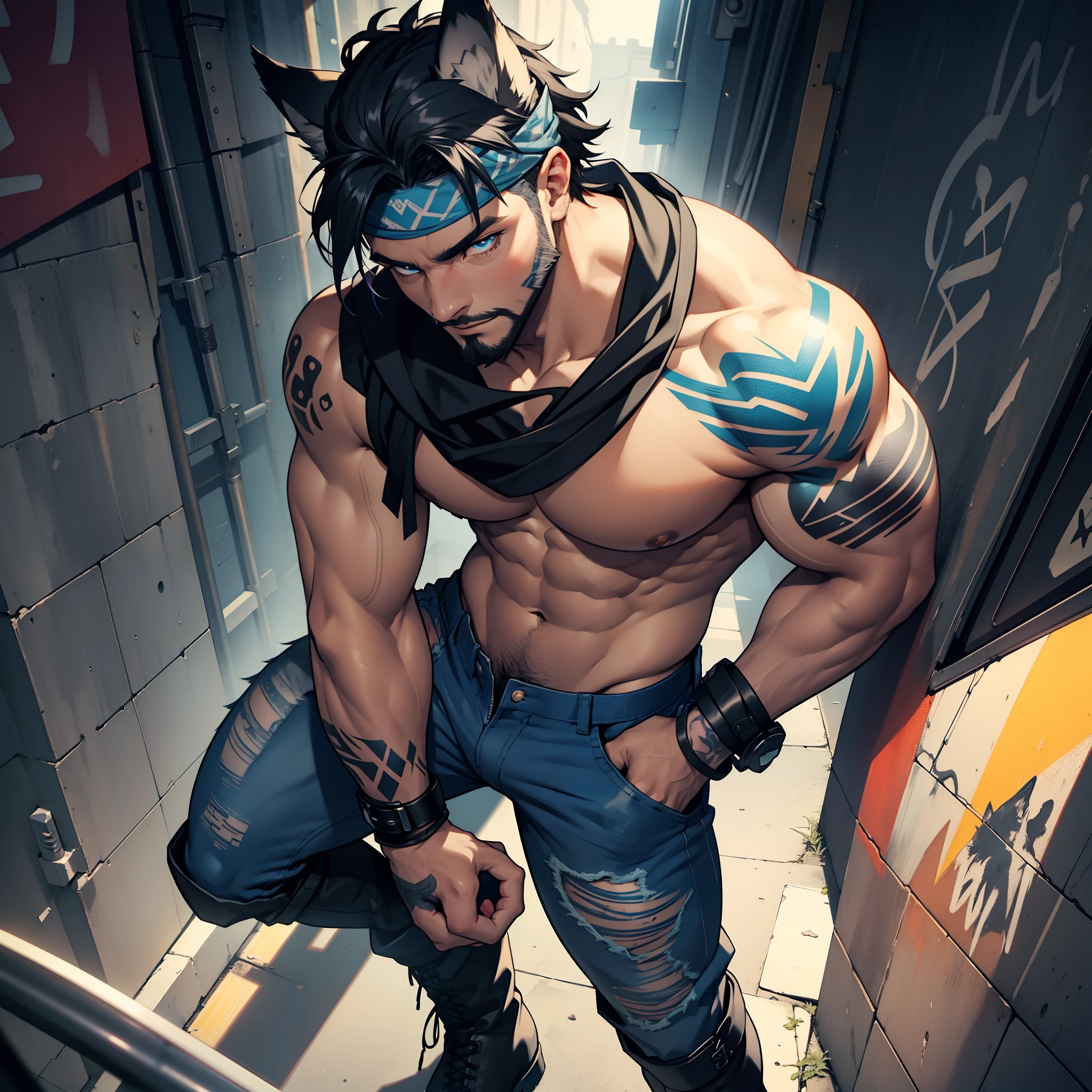 gay guy ((wearing black boots)), full body shot, viewed from above, dramatic high contrast lighting, masculine male with short beard, body hair, ((dark tanned skin)), bulge, short cropped rainbow hair, ((has wolf ears)), ((has wolf tail)), smoky grunge punk graffiti, wearing skintight denim pants, sagging low on his hips, solo, alone, has detailed glowing blue eyes, covered in ((blue tattoos)), wearing bandana and leather wrist bands, wearing fingerless gloves, muscular thighs