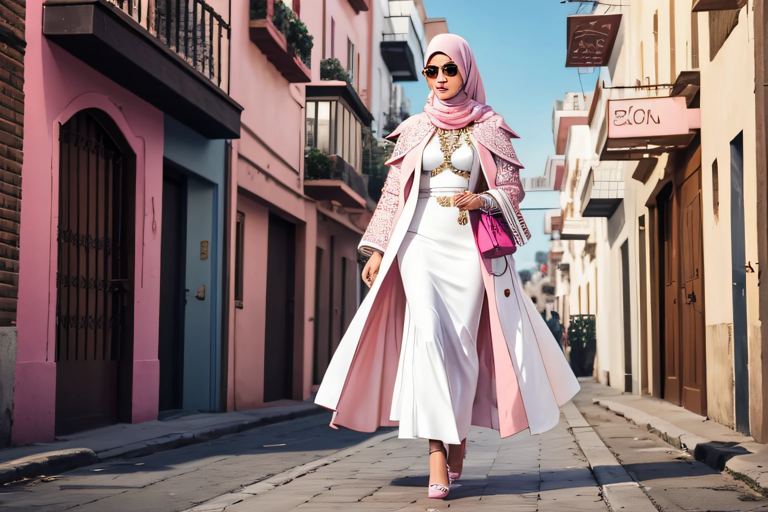 a woman in a white dress and a pink coat walking down a street, inspired by Hedi rich, rich women, Arab princess, extravagant dress, full body!! maximalist details