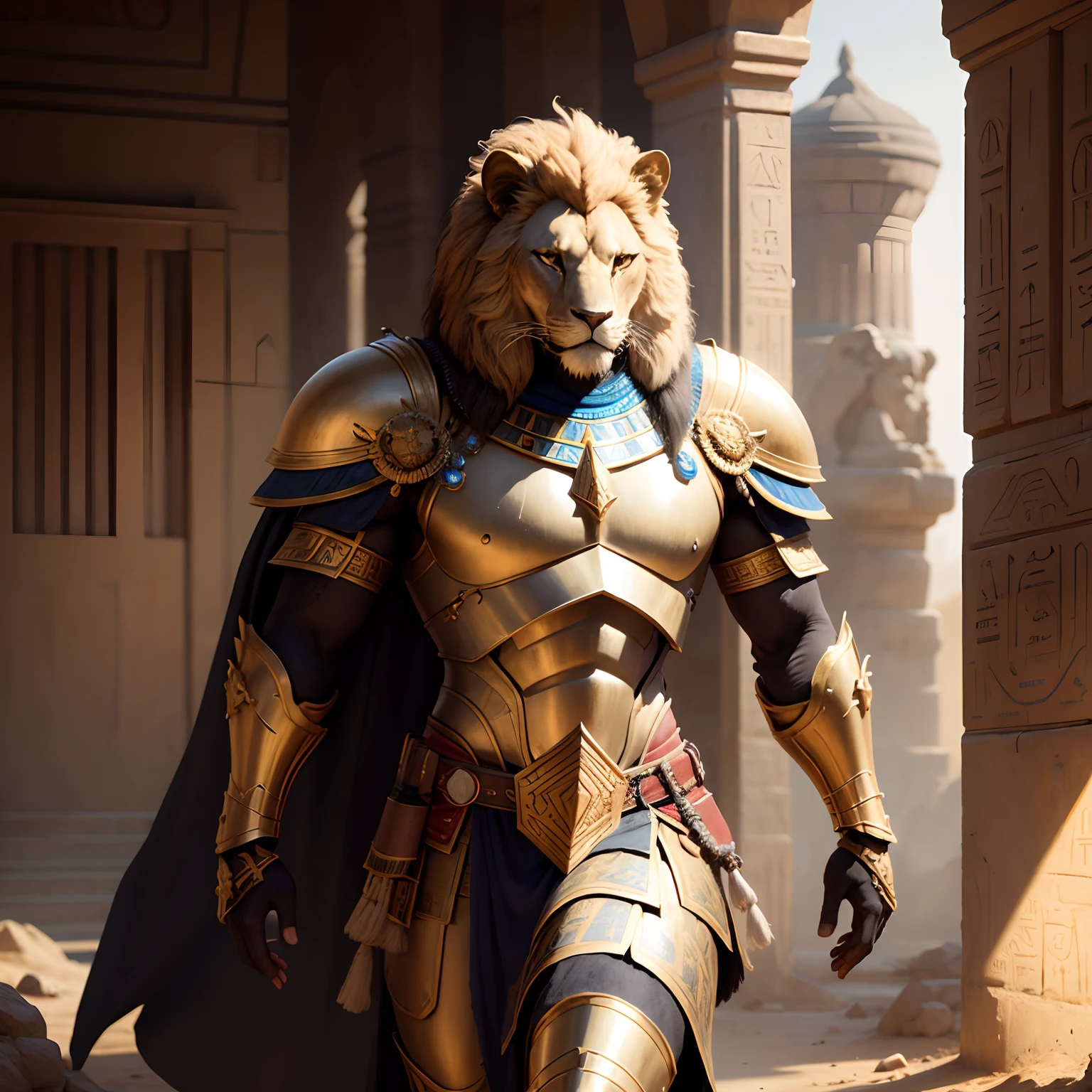 Egyptian Lion warrior in realistic 4K armor, full entire body,Super Detailed, Vray Display, Unrealistic engine, Midjourney Art Style.