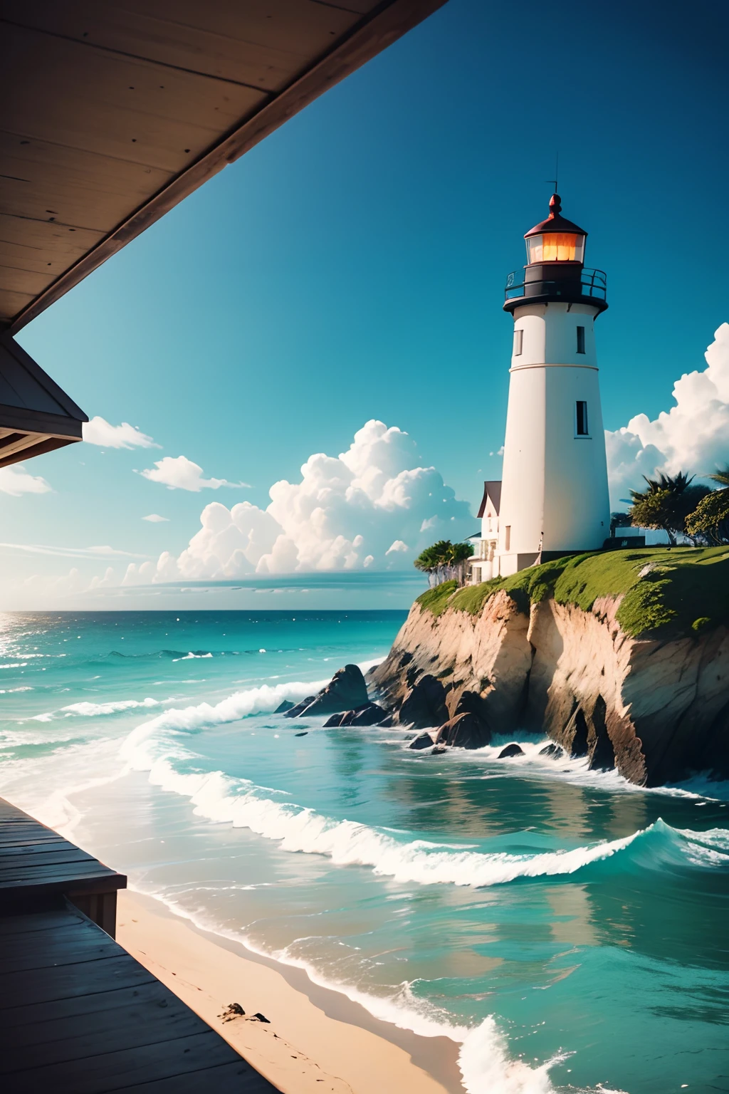 A tiger on a beach, the sea has big waves and there is a sailboat near the beach, in the distance you can see a lighthouse