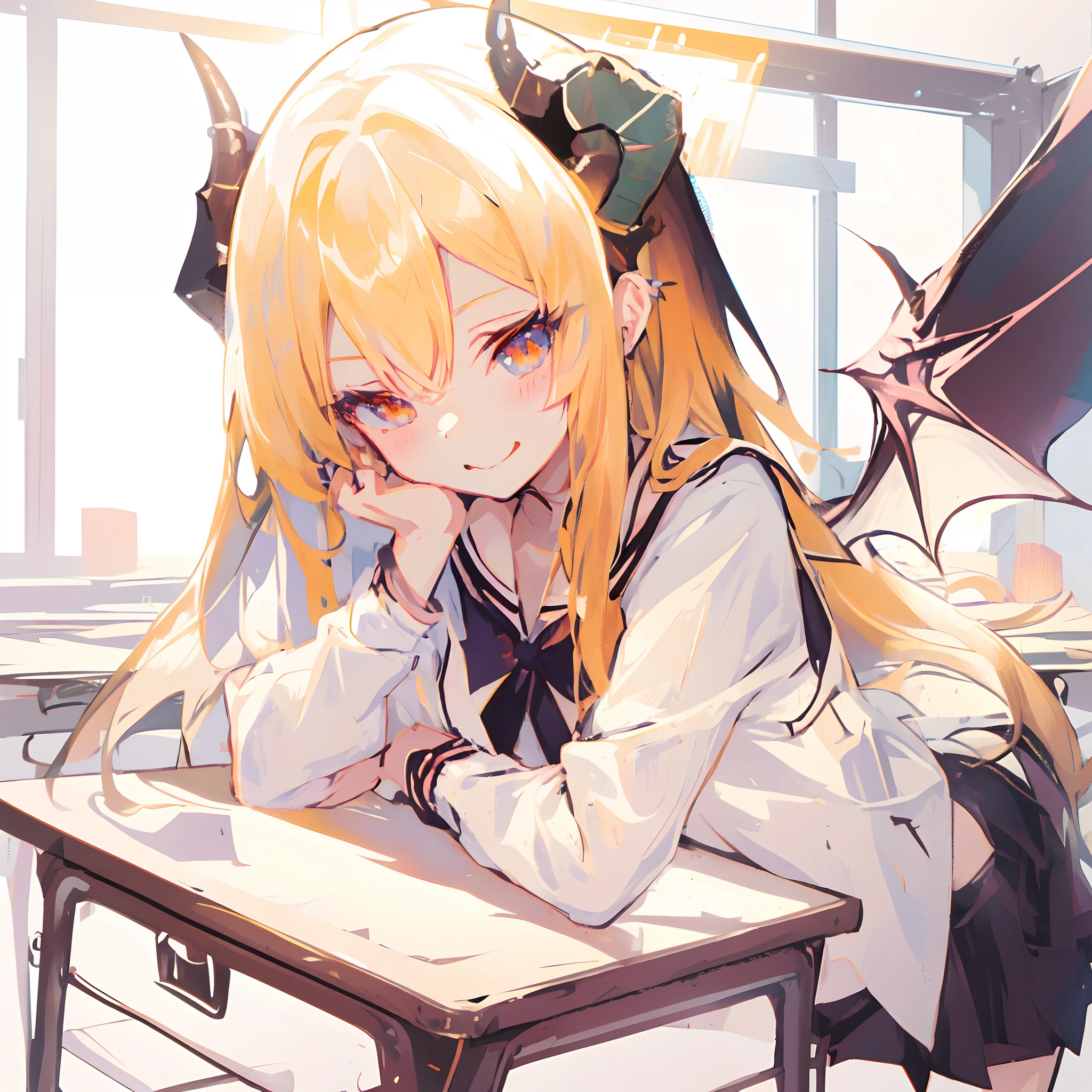 Masterpiece, best quality, high resolution, horned and horned anime girl leaning on a desk in a classroom, Demon anime girl, blonde with long hair, Visually cute anime, Katacy, Official artwork, dragon girl, Beautiful high school girl anime, Portrait of Demon Girl, Anime Moe Artstyle.
