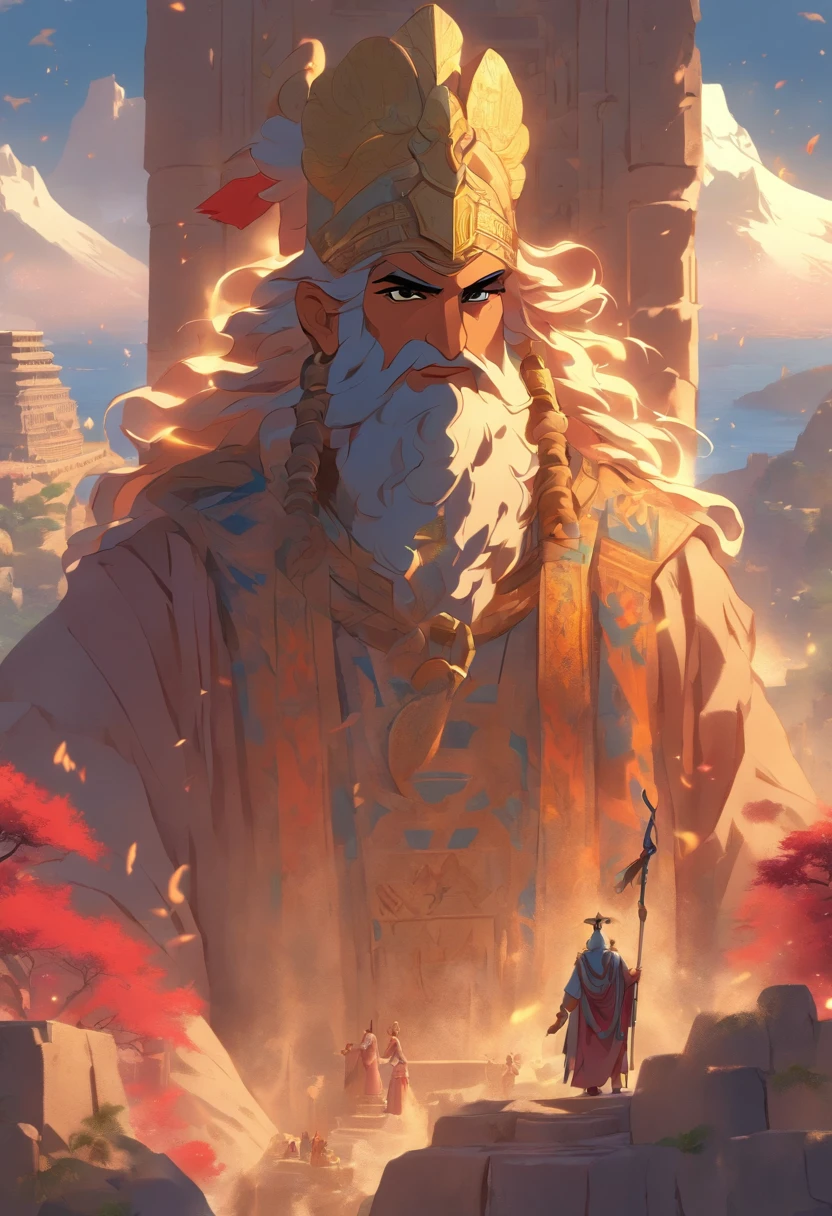 (((Phoenician God))) best quality, ultra-high resolution, 4K detailed CG, master piece, EL, old man, on top of a mountain, Phoenician clothes, Phoenician mythology, Phoenician temple, ((on top of a mountain )) Phoenician painting style, aesthetics, Beautiful image, depth of field, centered on the canvas