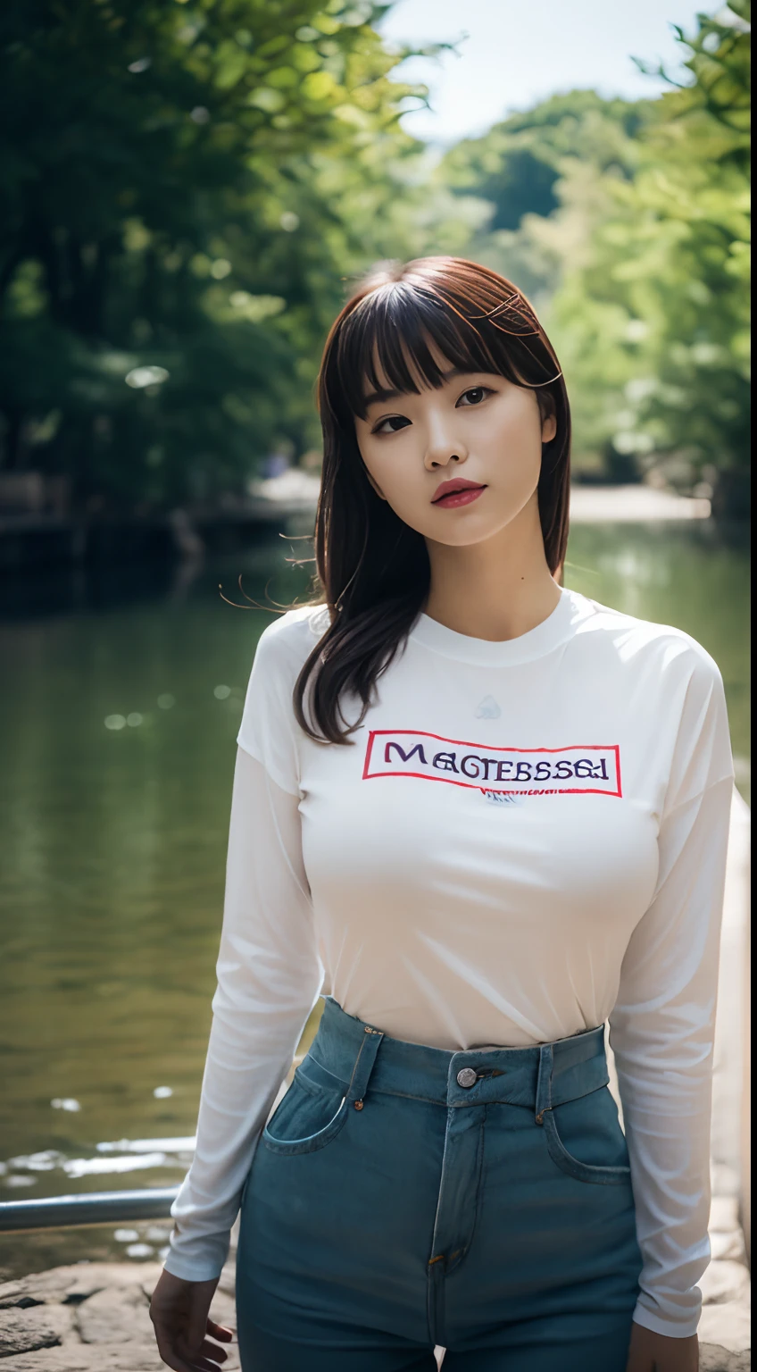 (top-quality、超A high resolution、masterpiece:1.3)、Tall and beautiful woman、longeyelashes, Medium hair with bangs, longeyelashes, Parted lips, surrealism, drop shadow, anaglyph, Verism, depth of fields, Backlighting, Expose F/1.2, Super Detail, ccurate, Best Quality, Stand and look down, masutepiece, Detailed moisturized eyes, Textured skin, Best Quality, in 8K, blurry backround, ((big breasts thin waist, skinny thigh:1.1, long legged)), (Colossal tits), Natural Color Lip, ssmile, Young woman in perfect style t-shirt, Around the river, long Sleeve T-Shirt, Hiking shoes, 2-person tent