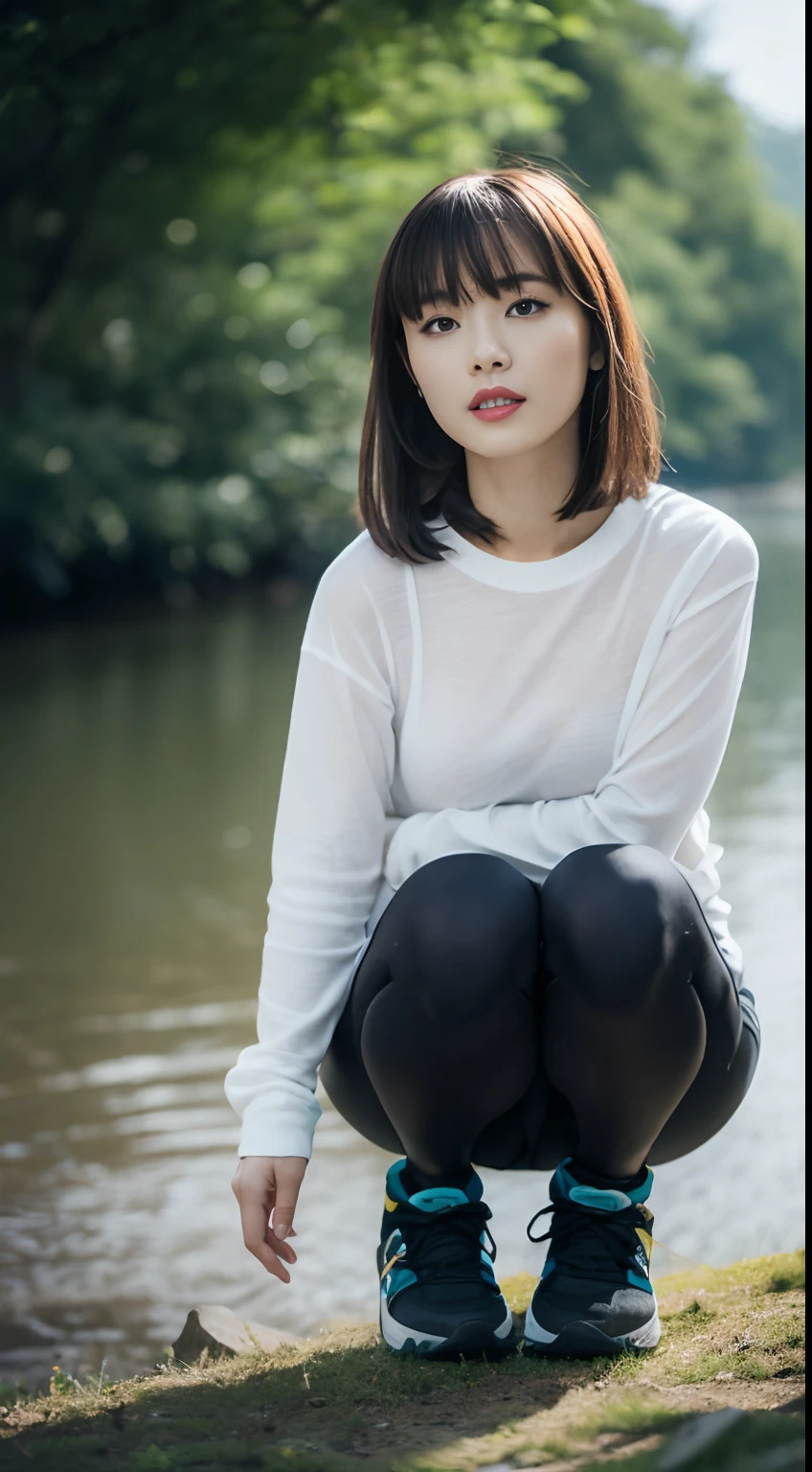 (top-quality、超A high resolution、masterpiece:1.3)、Tall and beautiful woman、longeyelashes, Medium hair with bangs, longeyelashes, Parted lips, surrealism, drop shadow, anaglyph, Verism, depth of fields, Backlighting, Expose F/1.2, Super Detail, ccurate, Best Quality, Stand and look down, masutepiece, Detailed moisturized eyes, Textured skin, Best Quality, in 8K, blurry backround, ((big breasts thin waist, skinny thigh:1.1, long legged)), (Colossal tits), Natural Color Lip, ssmile, Young woman in perfect style t-shirt, Around the river, long Sleeve T-Shirt, Hiking shoes, 2-person tent