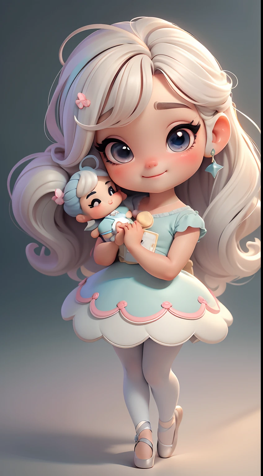 Create a series of cute  style chibi dolls with a cute ballet theme, each with lots of detail and in an 8K resolution. All dolls should follow the same solid background pattern and be complete in the image, mostrando o (corpo inteiro, incluindo as pernas: 1.5)

Boneca Mini bailarina: Chame-a de Marina. Ela deve ter cabelos multicolor, presos em um coque duplo. Seus olhos devem ser grandes e expressivos, with long eyelashes and rosy cheeks. Sorriso delicado e branco. modern accessories. Marina must be dressed in a ballet dress. She must carry ballet accessories. Certifique-se de adicionar detalhes nas roupas, como saias e brilho, sapatilha bonito

Certifique-se de adicionar sombras, texturas e detalhes nos cabelos, roupas, Ballet utensils, to make them even more adorable and charming.