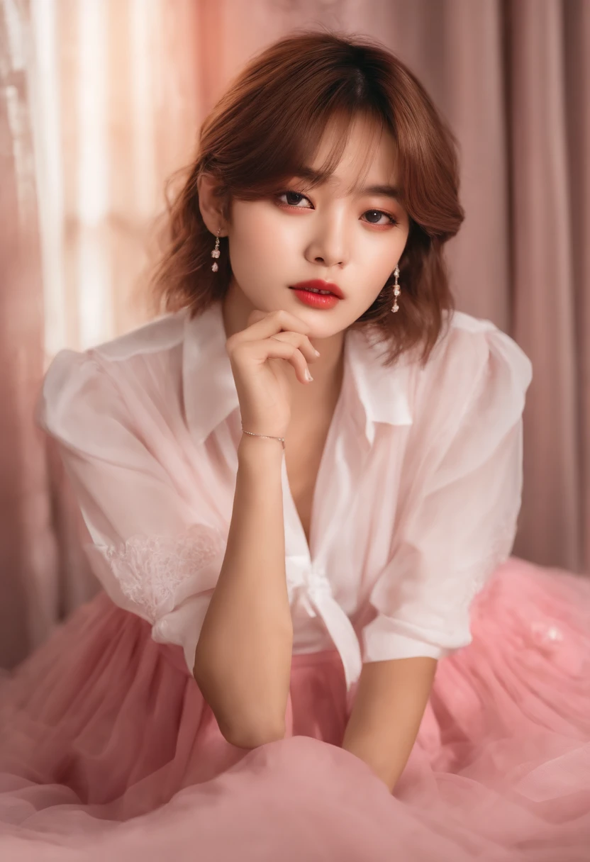 Girl with face taehyung of BTS. medium hair, She is wearing a white blouse and a pink skirt. taking a photo in the mirror and sitting on the bed with a cute face and a nice pout on her mouth. a German splitz by your side.