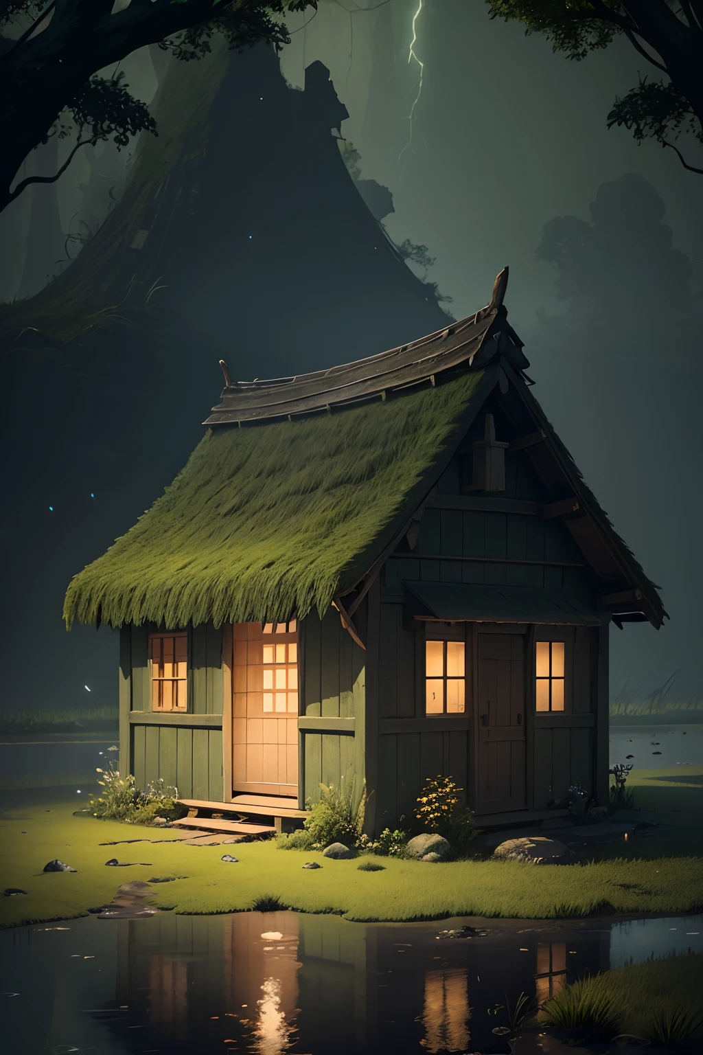 a hut in a swamp, with a white stone next to it, with a green lawn, with little light, at night, with fireflies around