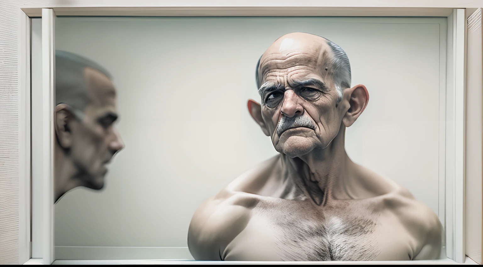 estatuta de homem muito velho e careca em preto e branco ,perfil de frente, fotorrealista, Hiper realista, com fundo netro