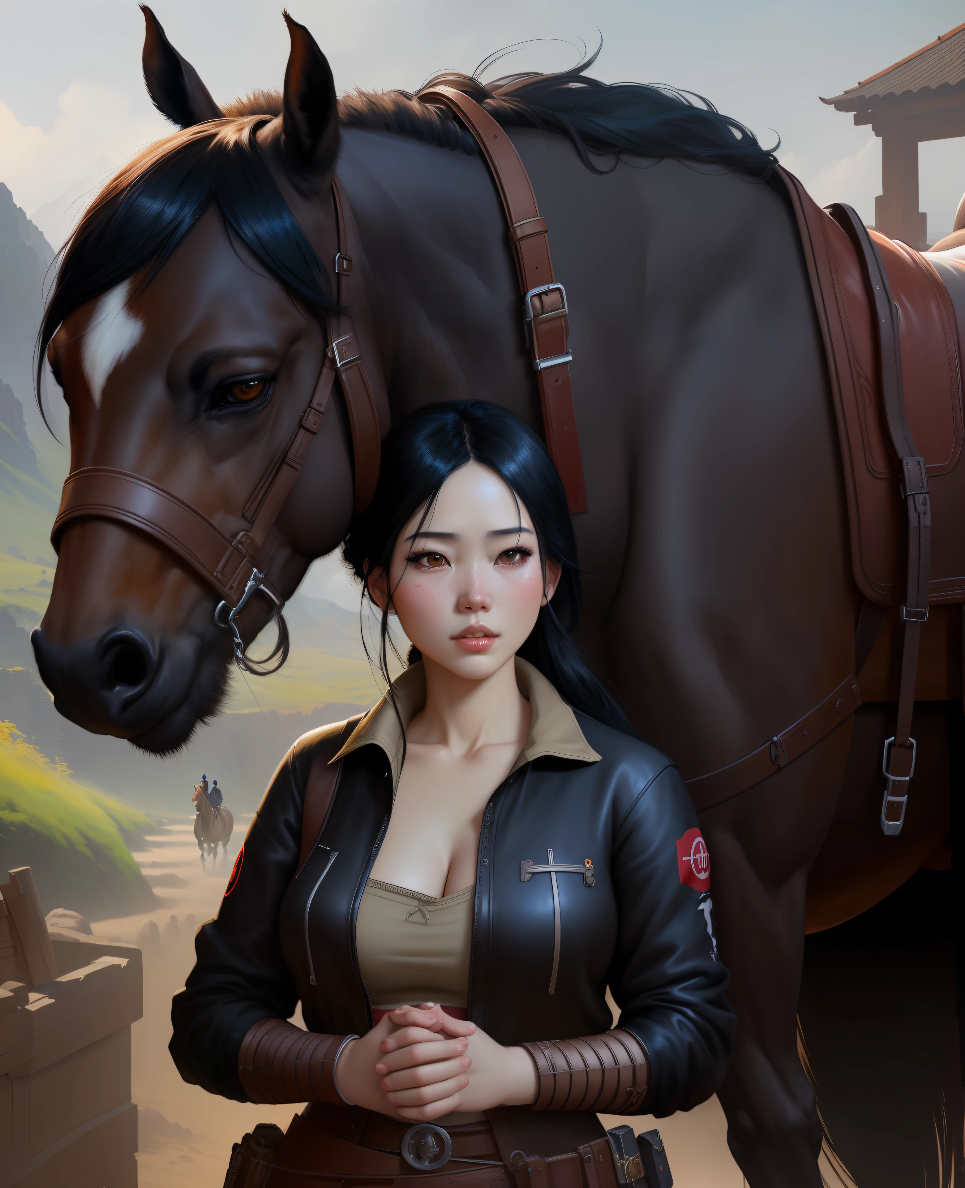 Hay una mujer de pie junto a un caballo en una pintura, Obras de arte al estilo de Guweiz, por Yang J, Artgerm y Atey Ghailan, Ruan Jia y ArtGerm, Guweiz, por Li Song, por Russell Dongjun Lu, Artgerm y Ruan Jia, por Ni Tian, Hermosa pintura de personajes