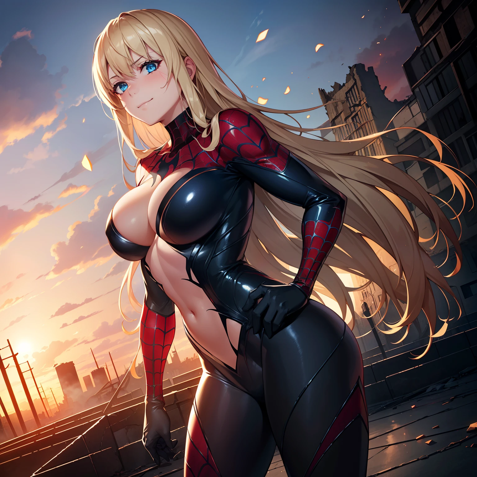 1girl,big breasts,standing in ruined city,(8k),scratches,detailed face,blond hair,blue eyes,long hair,embarassed,small smile face,high_res, high_definition,the battlefield,Heroic pose,dark suit,(symbiote spider man Custome:1.1),