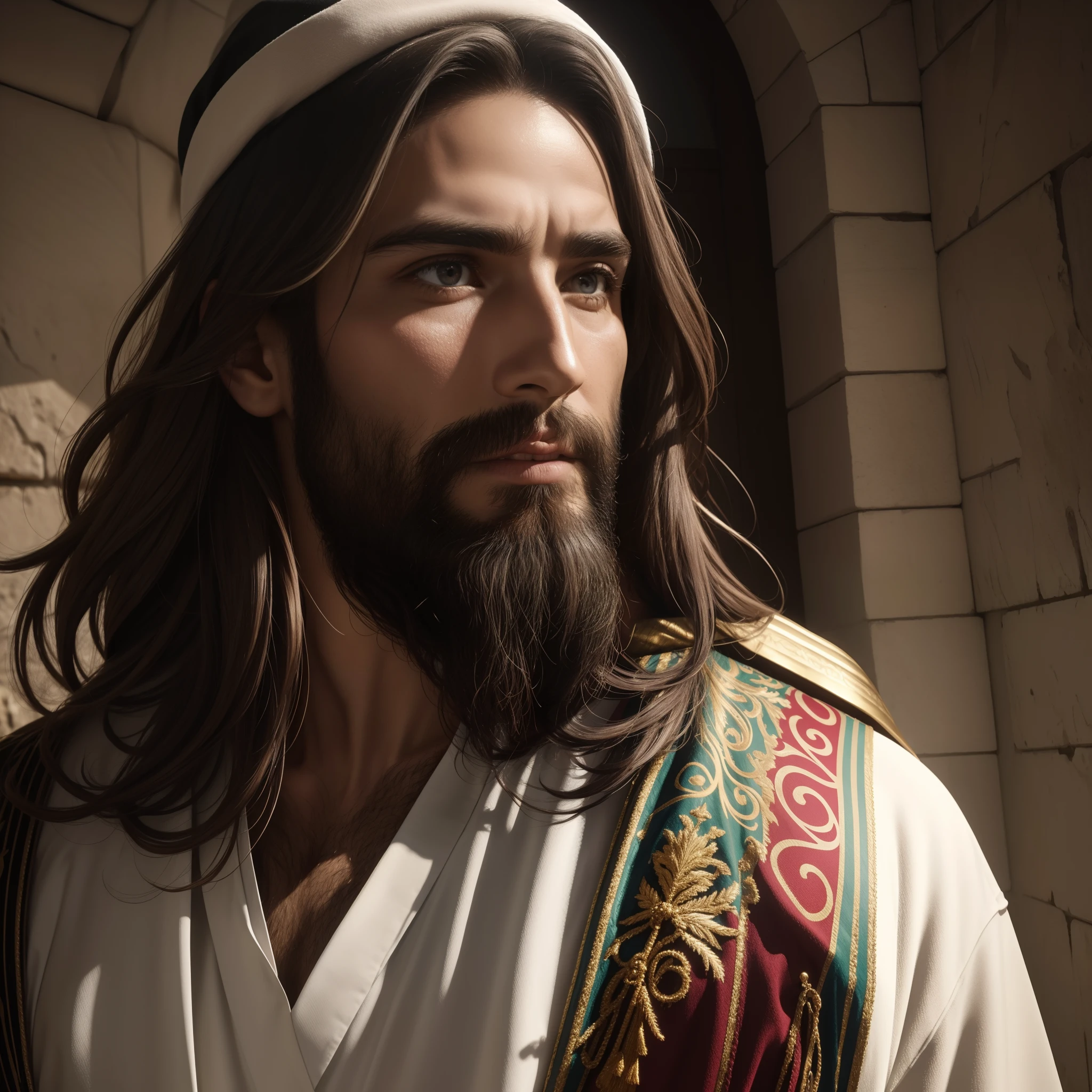 Jesus Cristo, Cristo Jesus, Yeshua, Messiah, Divino, messias, prayers to God, Deus, heavens, celestial, olho realista, olhos detalhados, olhar piedoso, olhar forte, rosto detalhado, boca normal, boca detalhada, renderizado, fotorrealista, Ultra HD | | | | |, 4k, texturas detalhadas, cores detalhadas, Sombras realistas, sombras detalhadas, Cristo, decente, long tunic, Moving prayer, barba grande, Barba Judeu, exciting prayer, Praying with emotion, peace of mind, floresta nas montanhas, palmeiras, Homem, macho, Jesus, Iesus, Messias de Israel, hebraico, cores detalhadas, nitidez detalhada, Ultra HD | | | |, Texturas realistas, contraste detalhado, 8k, sem turbante, without a hat, Decent bathrobe, roupa bem comportada, hebraico, UltraHD 8K, alta qualidade, fotorrealista, renderizado, barba cor uniforme, natural, Cabelos cor uniforme, cabelos cor negra uniforme, shirt covering well up to the neck, camisa respeitosa, decente, decency, olhos detalhados uniformes, olhar piedoso natural,