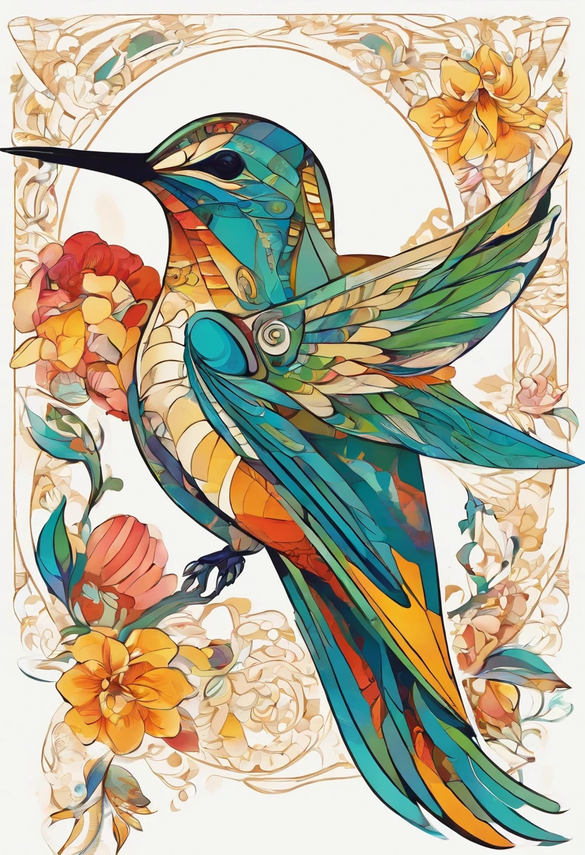 oil painting, a Mexican hummingbird on a white background, close-up, centered image, ultra detailed illustration, (tetradic colors), whimsical, enchanting, fairy tale, (ink lines: 1.1), strong contours, fine art from MSchiffer, bold strokes, no frame, high contrast, (cel-shaded:1.1), vector, 32k resolution, best quality, flat colors, flat lights