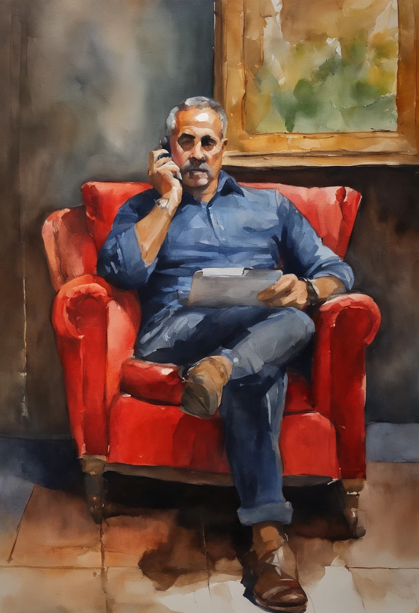 there is a man sitting in a red chair with a cell phone, emad mostaque, gui guimaraes, frontal picture, baris yesilbas, david rios ferreira, george patsouras, george doutsiopoulos, icaro carvalho, (38 years old), 4 0 years old man, aykut aydogdu