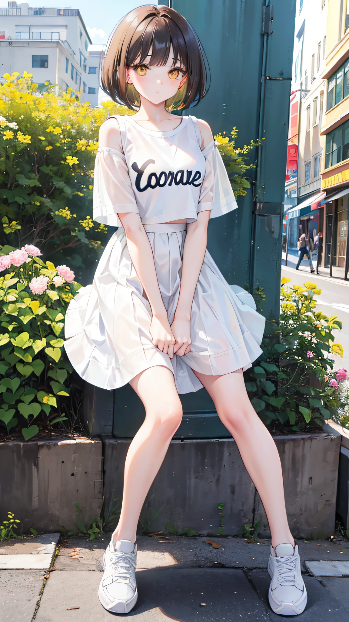 brunette color hair,short detailed hair,By bangs,Yellow eyes,adolable,s girl,Short sleeves in white,cropped shoulders,a skirt,Wear sneakers on your feet,full-body photo on the front,All body,Fingers and arms are not exposed,The background is the street
