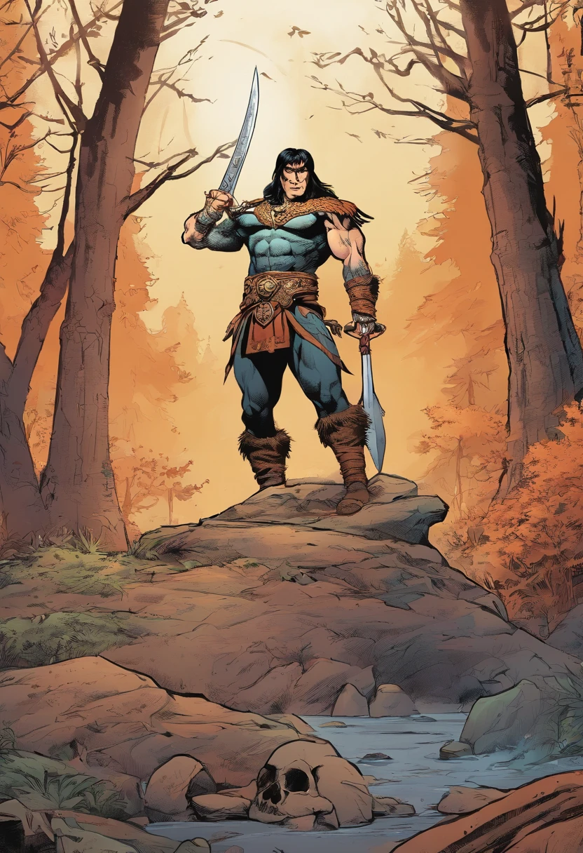 Conan, a strong man, is holding his sword on the ground, has skulls and in the background a foggy forest