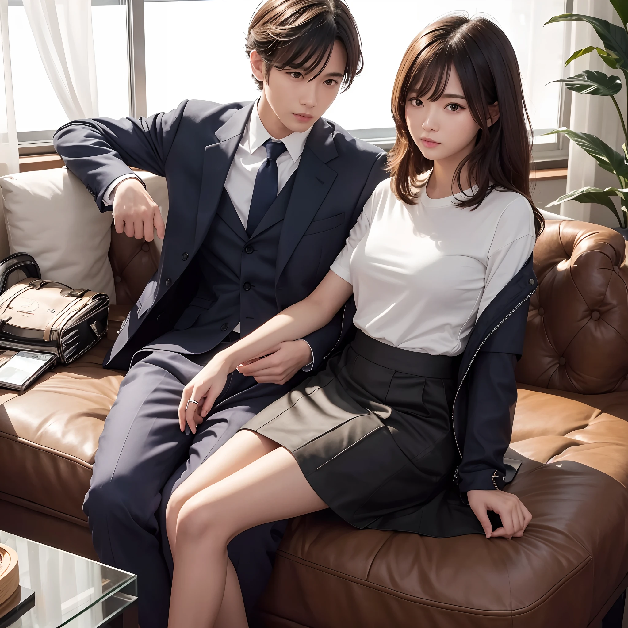 masterpiece, award winning, high quality, super detail, girl and man, man, white t-shirt, sitting on the chair, BREAK, girl, medium hair, office clothes, dark navy jacket, white shirt, dark navy tight skirt, standing, BREAK, background is hotel lounge, high grade, natural light, in the evening