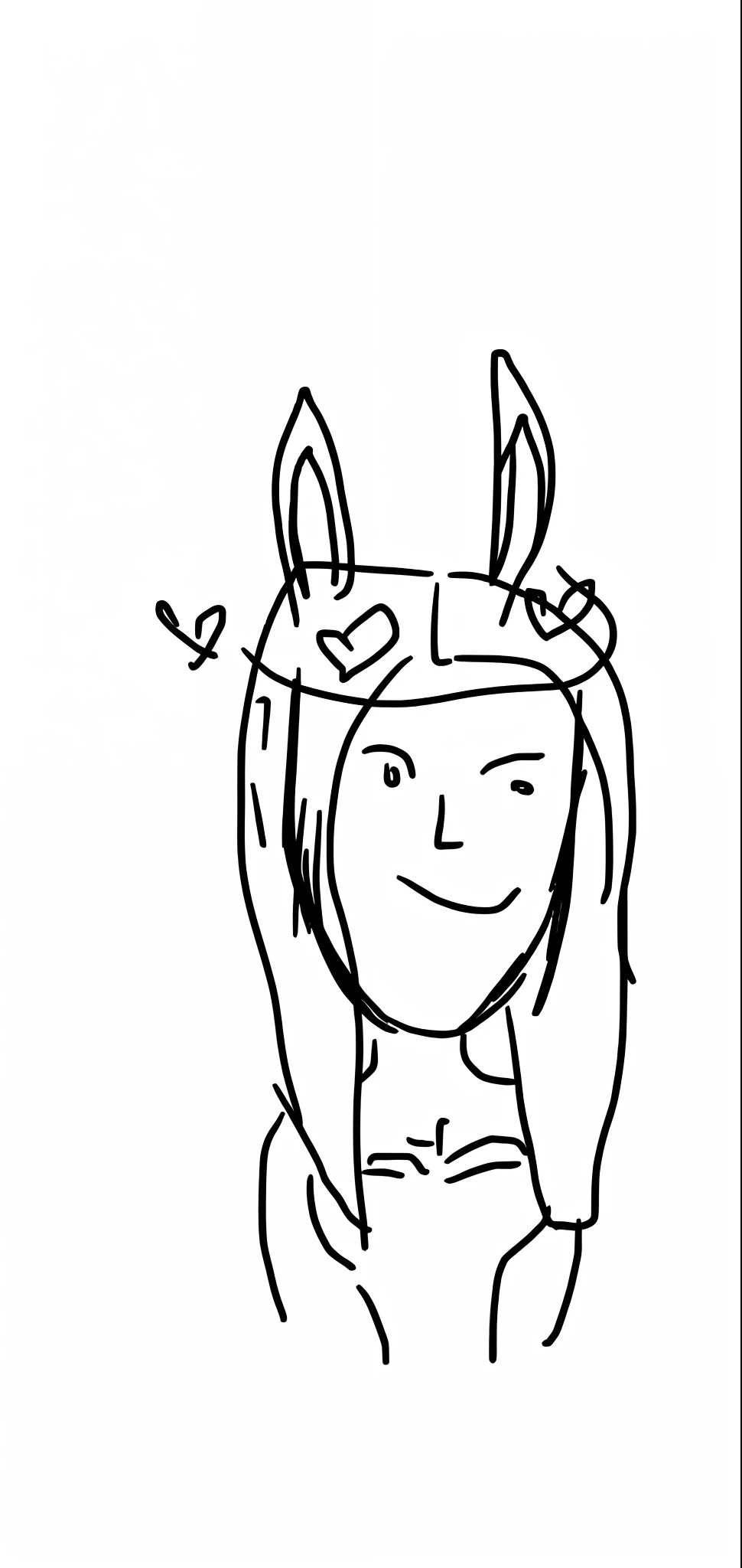 A drawing of a girl with a unicorn hat in, com orelhas de coelho, with long floppy rabbit ears, usando uma coroa feita de chifres, com orelhas de coelho, crown on her head, mal desenhado, com orelhas de coelho grandes, there are birds on her head, with a weird hat, orelhas de coelho, em uma coroa, com chifres, queen crown on top of her head