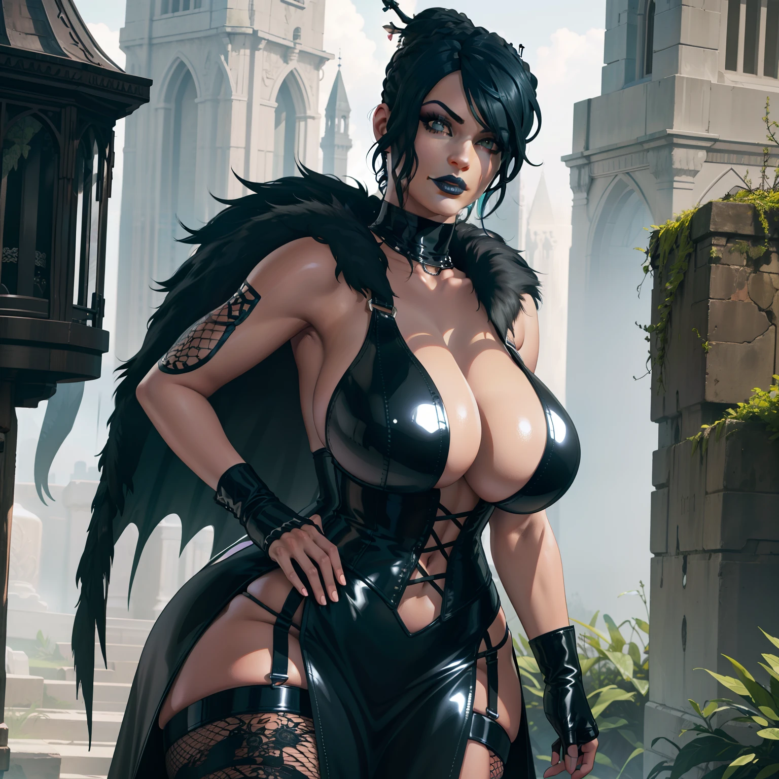 (best quality,4k,8k,highres,masterpiece:1.2),ultra-detailed,(realistic,photorealistic,photo-realistic:1.37),curvy Gothic female wearing sexy fur lined dress,blue hair,thicc,wearing fishnets,nsfw,lewd,black lipstick,wearing leather goth outfit,large demonic wings,portrait,grim,dark fantasy,femme fatale,gothic style,vibrant colors,soft lighting