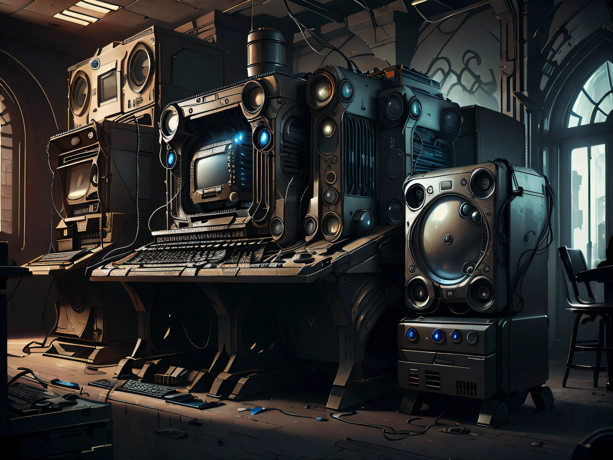 Robot repairing supercomputers. art stations. hyper realstic. 3d rendered.