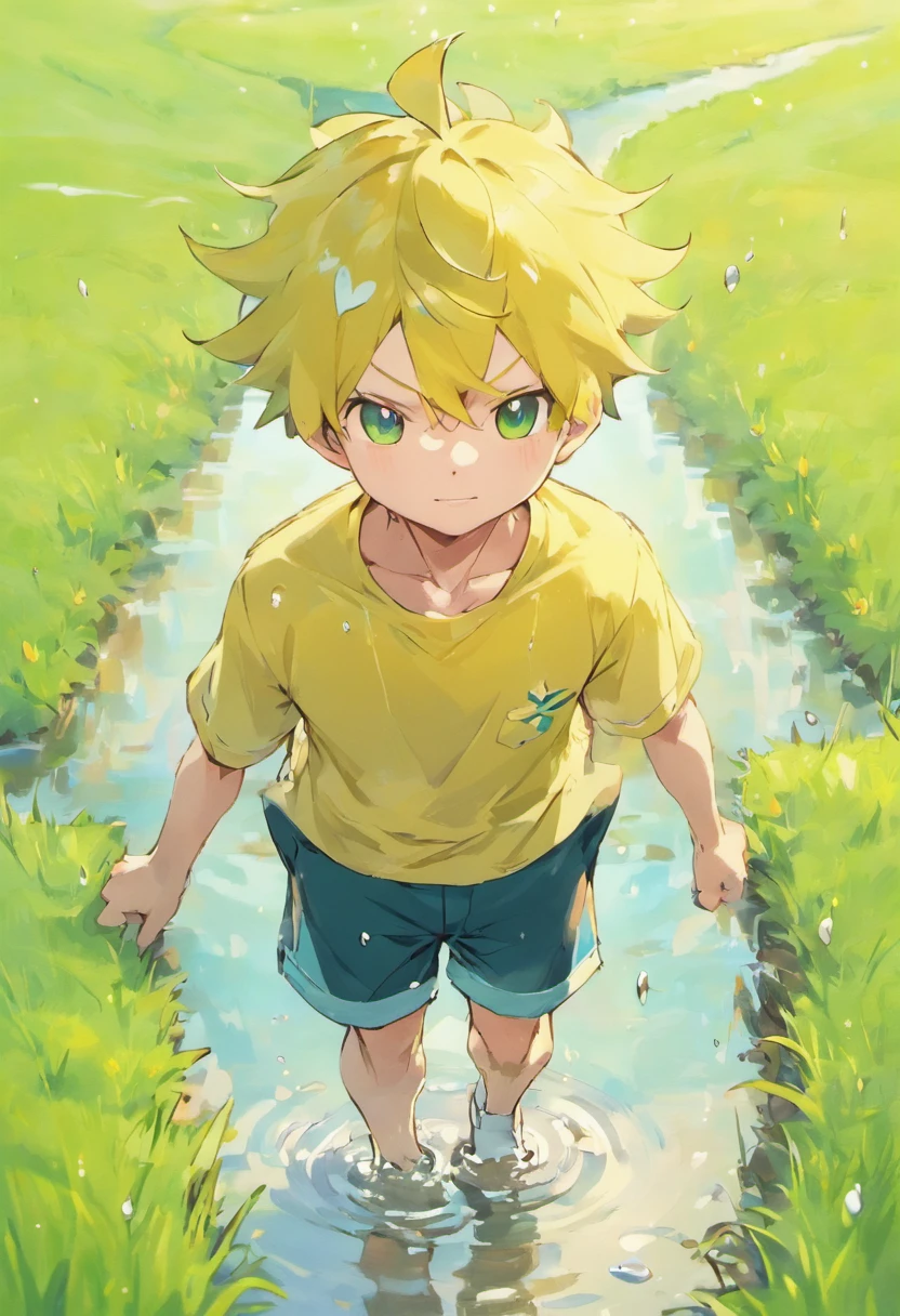 ​masterpiece、masutepiece、28 year old、Salt-faced handsome man、grass field、puddles、waterface