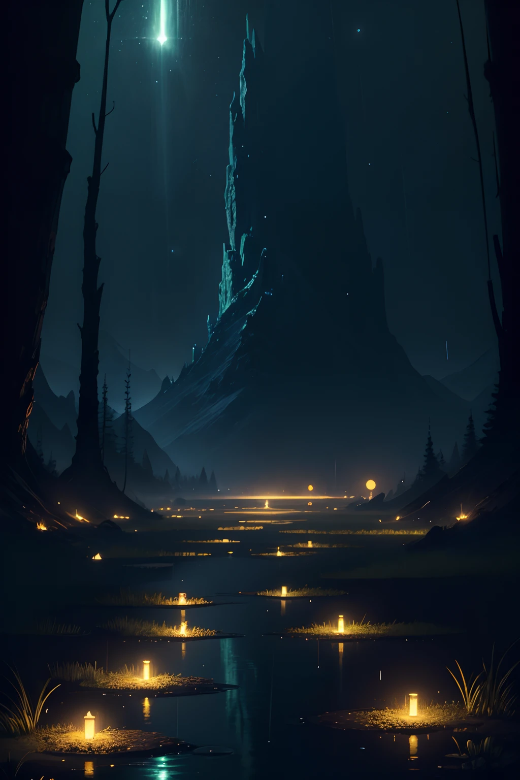 a swamp, with little light, at night, with fireflies around, raining, close up view, next to a very high mountain range, with very tall trees