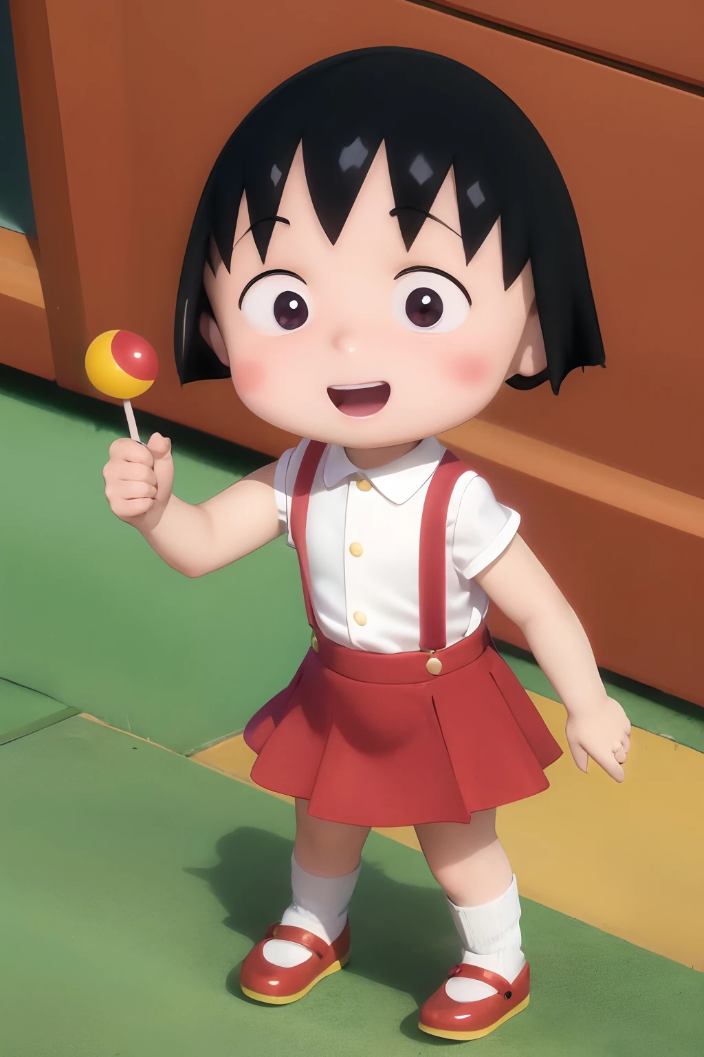 animesque、Chibi Maruko-chan、Chibi, CBMRK, suspenders, A dark-haired, short-hair, a red skirt, white  shirt, a smile, balconies