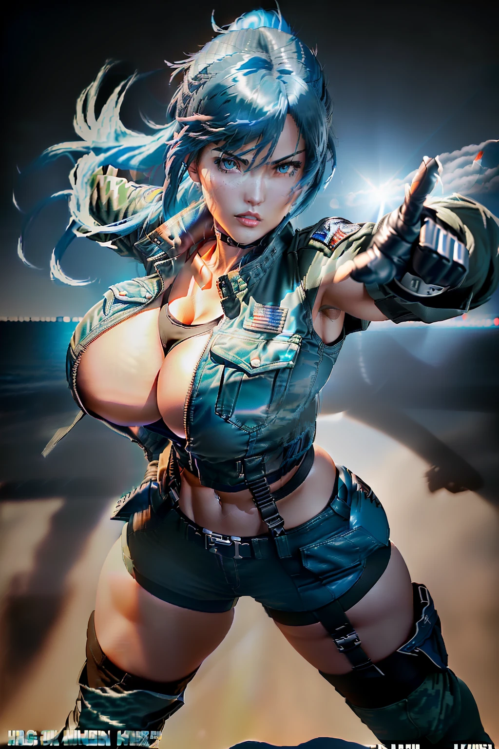 ((leona heidern from king of fighters series)) (beautiful face)(big glowing blue eyes)(red lips) ((very long thick hair))((blue hair))((pony tail with bangs hairstyle)) ((very huge breasts) (perfect slim body) ((wears short military jacket, short military pants)), (black gloves),  (posing sexy on aircraft carrier) (high definition, amazing lights and shadows) ((masterpiece)) (8k) (perfect face) (ultra details) (perfect hands, eyes, and face) ((fighting pose))
