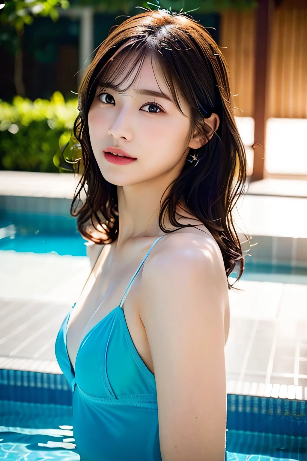 (Photoreal: 1.4), (Hyperrealistic: 1.4), (Realistic: 1.3), (Smooth Lighting: 1.05), (Improved Cinematic Lighting: 0.9), 32K, 1 Girl, 20 Year Old Girl, Realistic Lighting, Backlight, Face Lights, Ray Trace, (Whitening Light: 1.2), (Image Enhancement: 1.4), ( Best Image Quality Real Skin: 1.4), Fine Eyes, Fine Face, Fine Eyes, (Body Line Mood Increase: 1.1), Big, (Increased Skin Texture Beauty: 1.1),Immediately after getting out of the pool,Water droplets,Small swimsuit, Sheer, Lingerie