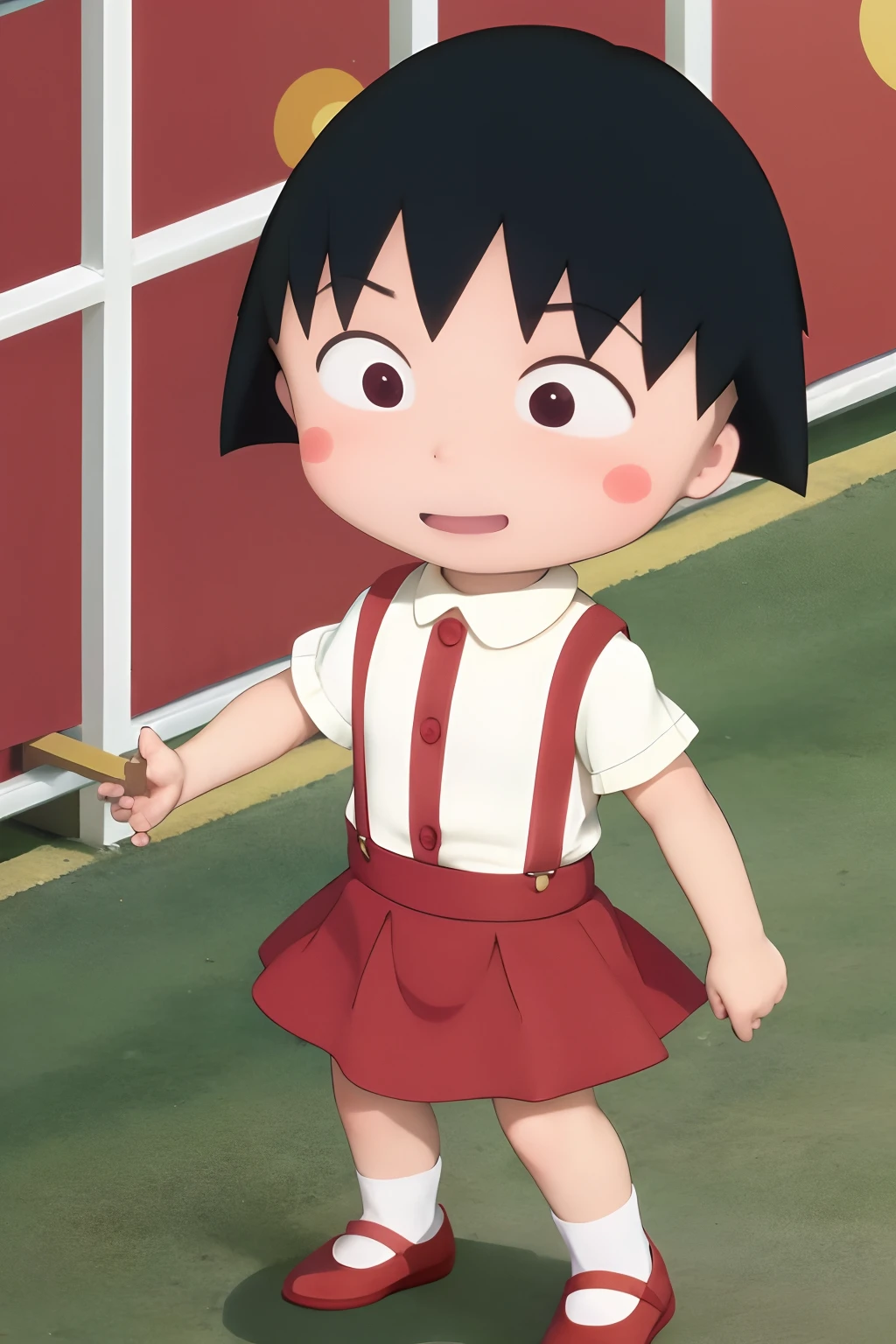 Chibi Maruko-chan、Chibi, CBMRK, suspenders, A dark-haired, short-hair, a red skirt, white  shirt, a smile, balconies