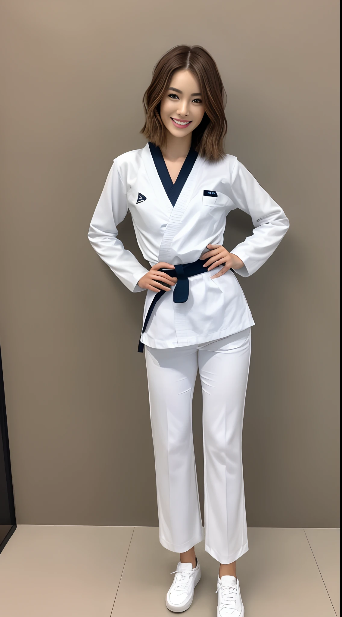 (Photorealsitic)(), Beautuful Women, (Full body 8K portrait), White Karate Uniform, White karate pants, Large bust,Stand alone, Perfect facial detail, (Smile: 1.15), attractive beautiful face, gazing at viewer, a small face, 二重まぶた, Beautiful detailed eyes, long eyeslashes, ligh brown hair, Bob Style Hairstyles, Toned waist, Beautiful thin legs, toned ankles, bare-legged ,TOKYOcty