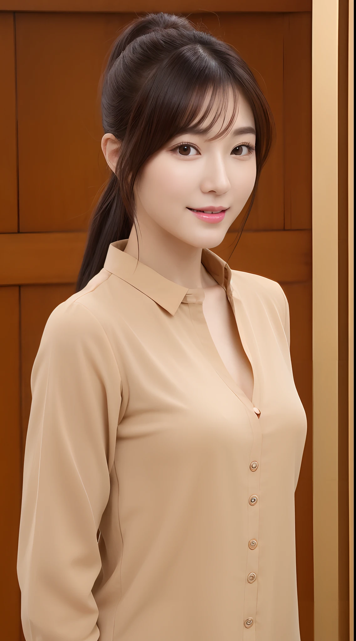 realistic photos of 1 cute Korean star, ponytail hair, white skin, thin makeup, 32 inch breasts size, wearing brown shirt, pants, standing in the old temple, close-up portrait, UHD