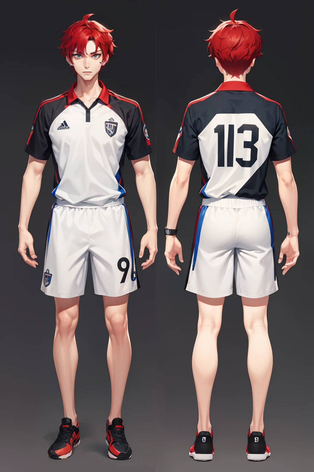 1 male, tall, soccer clothes, red hair, tattoo on neck, handsome, beautiful, high quality, best quality, 8K, chara-sheet, T pose