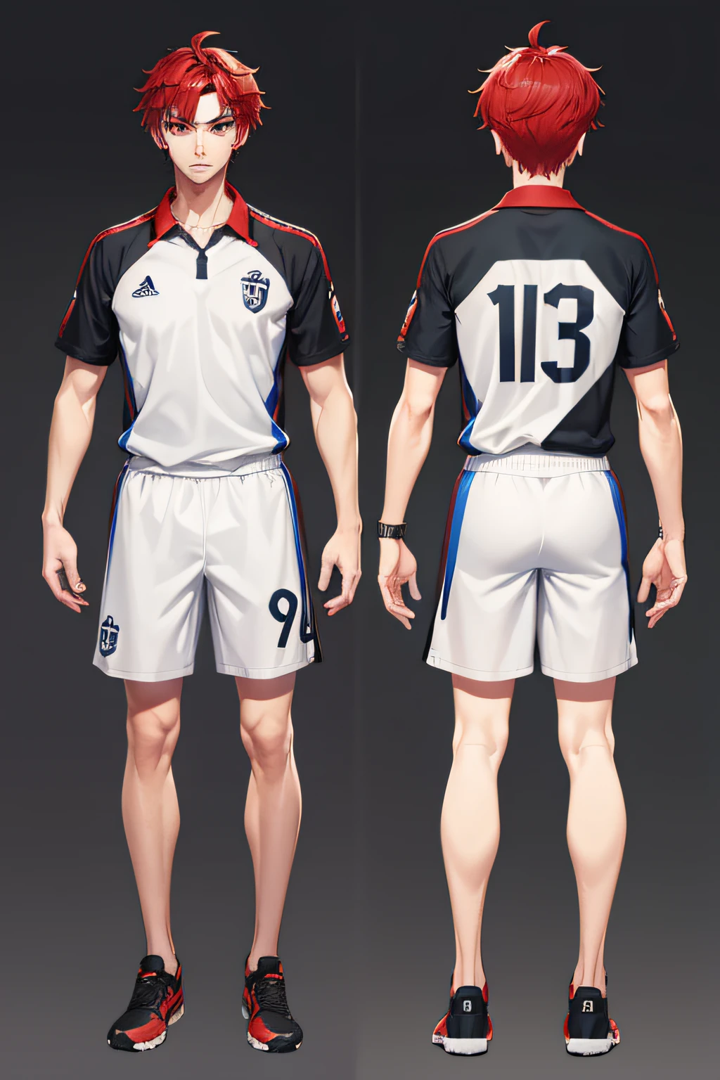 1 male, tall, soccer clothes, red hair, tattoo on neck, handsome, beautiful, high quality, best quality, 8K, chara-sheet, T pose