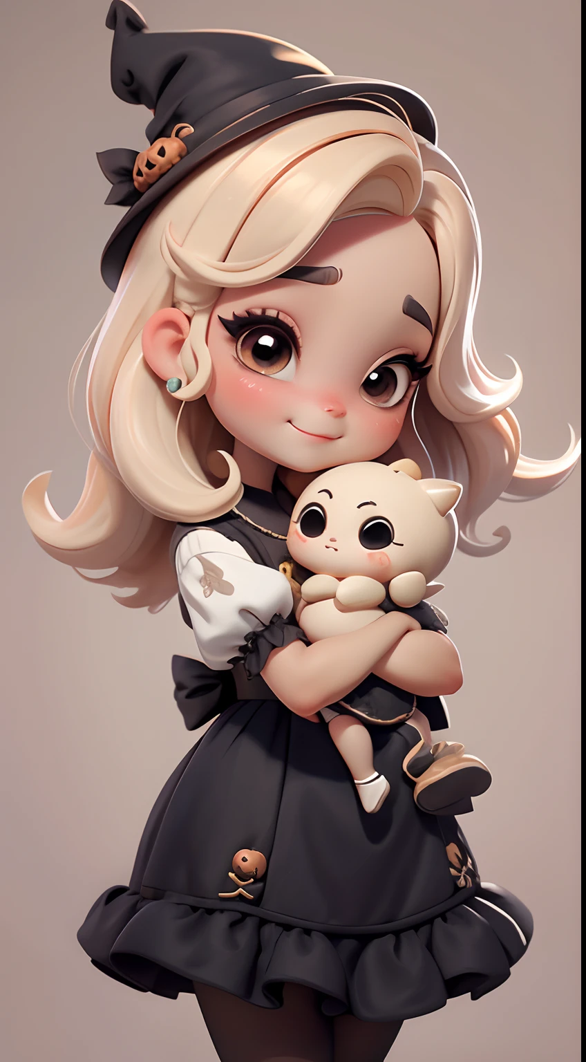Create a series of cute dolls style chibi baby ??? skin dread with a cute halloween theme, each with lots of detail and in an 8K resolution. All dolls should follow the same solid background pattern and be complete in the image, mostrando o (corpo inteiro, incluindo as pernas: 1.5)

Boneca Mini halloween: Chame-a de Marina. Ela deve ter cabelos longos e encaracolados, em preto, dourado e laranja pastel. Seus olhos devem ser grandes e expressivos, with long eyelashes and rosy cheeks. Sorriso delicado e branco. Marina deve estar vestida de vestido preto e dourado, an ornate hat. She should bring halloween accessories. Certifique-se de adicionar detalhes nas roupas, such as buttons and pockets, sapato bonito

Certifique-se de adicionar sombras, texturas e detalhes nos cabelos, roupas, Halloween utensils, to make them even more adorable and charming.
