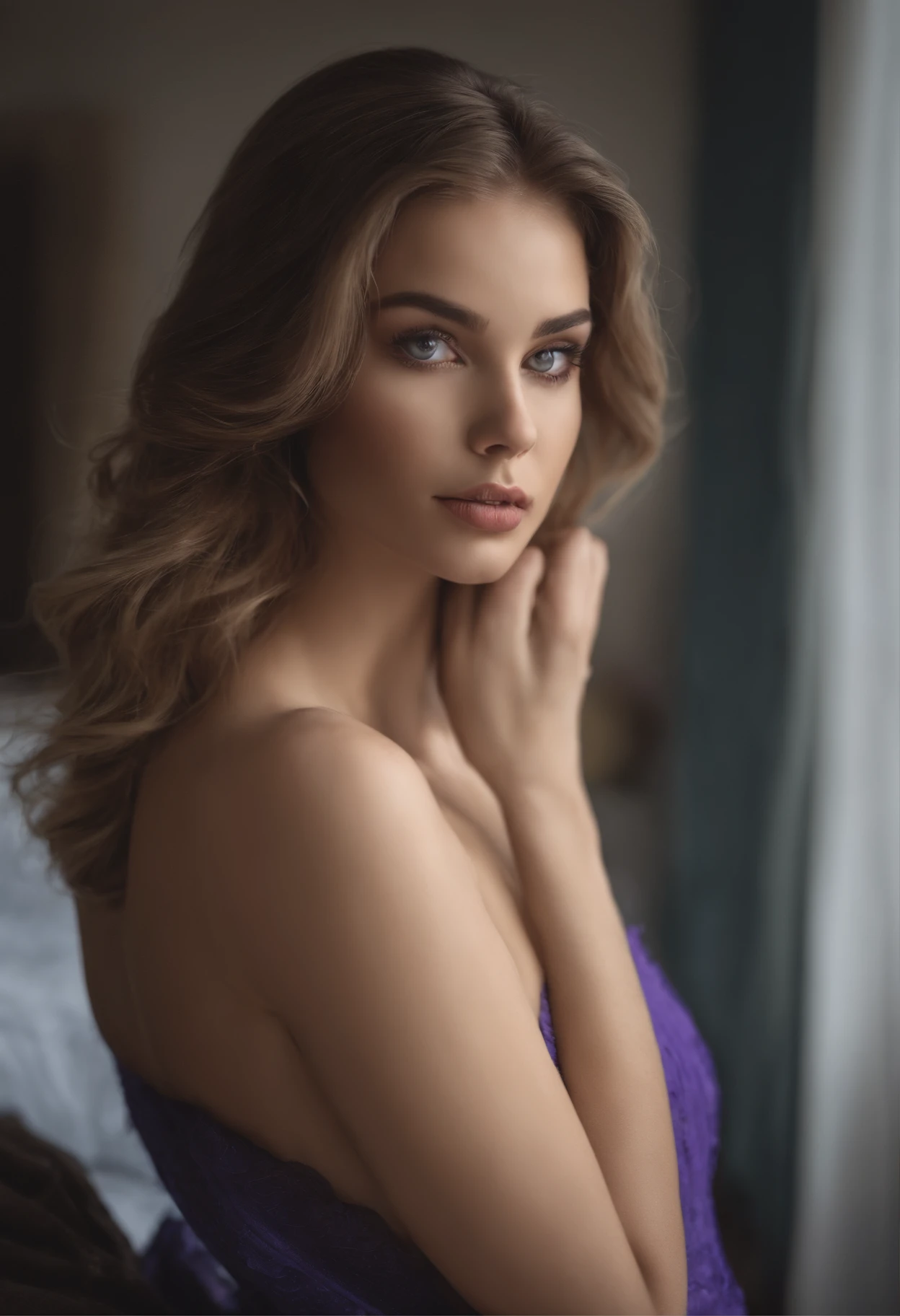 Arafed pleine femme, fille sexy aux yeux bleus, , ultra realist, Meticulously detailed, portrait de Sophie Mudd, cheveux blonds et grands yeux, selfie of a young woman, Yeux de chambre, Violet Myers, pas de maquillage, maquillage naturel, looking straight at camera, Visage Artgram, maquillage subtil, Impressive photo of the whole body kneeling on the bed, dans la chambre, Poitrine de taille moyenne et grande, allow the face to be seen clearly, portrait, seins moyens
