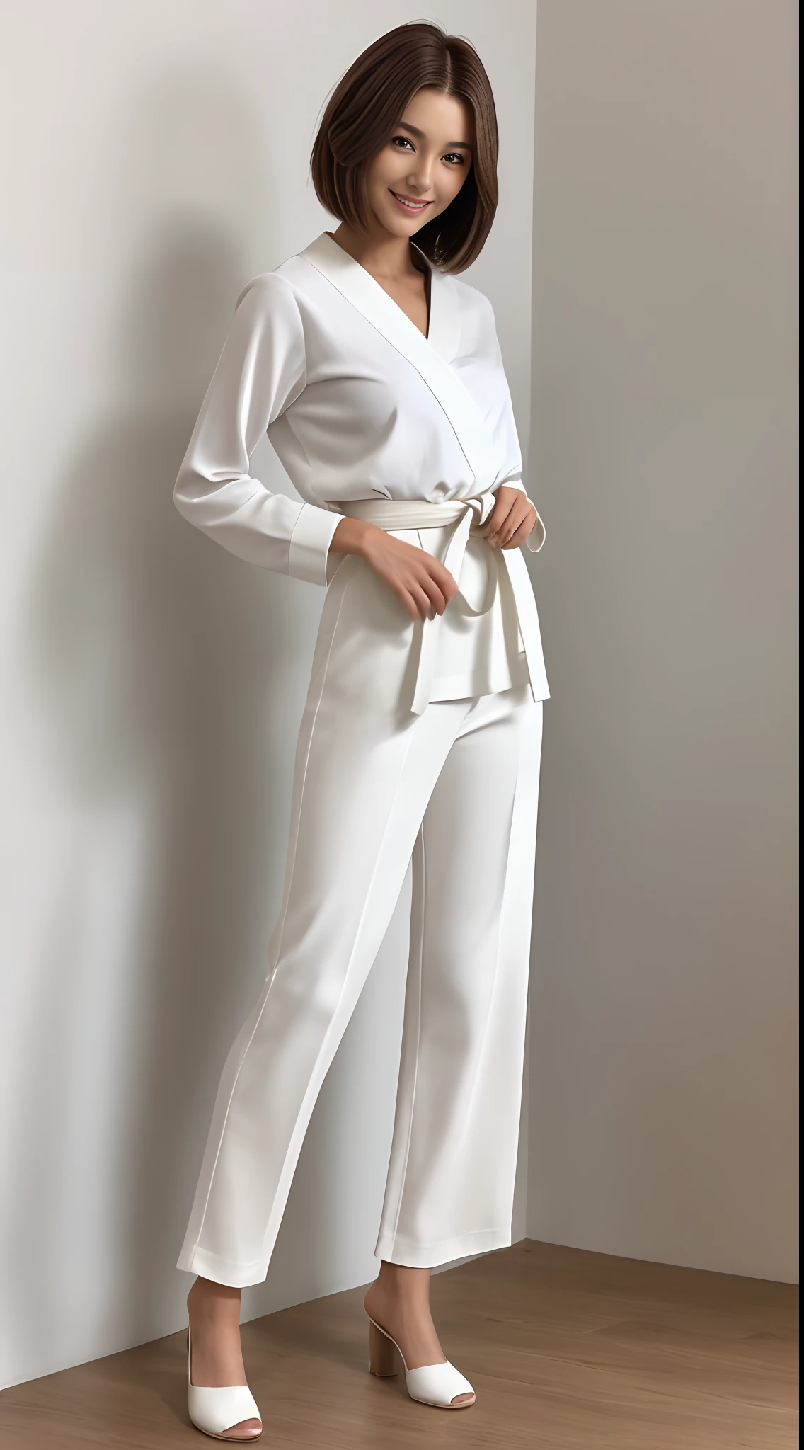 (Photorealsitic)(), Perfectly beautiful woman, (Full body 8K portrait), White Karate Uniform, White karate pants, Large bust,Stand alone, Perfect facial detail, (Smile: 1.15), attractive beautiful face, gazing at viewer, a small face, 二重まぶた, Beautiful detailed eyes, long eyeslashes, ligh brown hair, Bob Style Hairstyles, Toned waist, Beautiful thin legs, toned ankles, bare-legged ,TOKYOcty