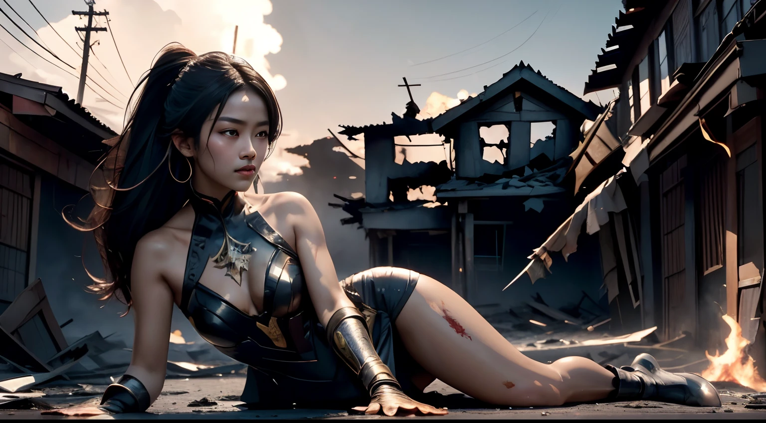 , Asiatic woman, vestindo um terno preto, holding one axe larga amarela brilhante com efeito de luz vermelha,Flames A Place in Hell Destroyed in the Apocalypse, realista, melhor qualidade de imagem, highest definition and clarity, Original, High detail, Action painting, , Cinematic lighting, ray tracing, luz refletida,, desenho de postura de batalha,foto de corpo inteiro, Camadas, luz suave,