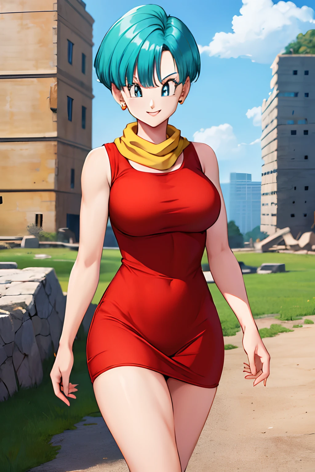 masterpiece, best quality, highres, dragon ball, blmshort, aqua hair, very short hair, earrings, jewelry, red dress, medium breasts, yellow scarf, short dress, sleeveless, outdoors, smile, cowboy shot, walking, ruins, building