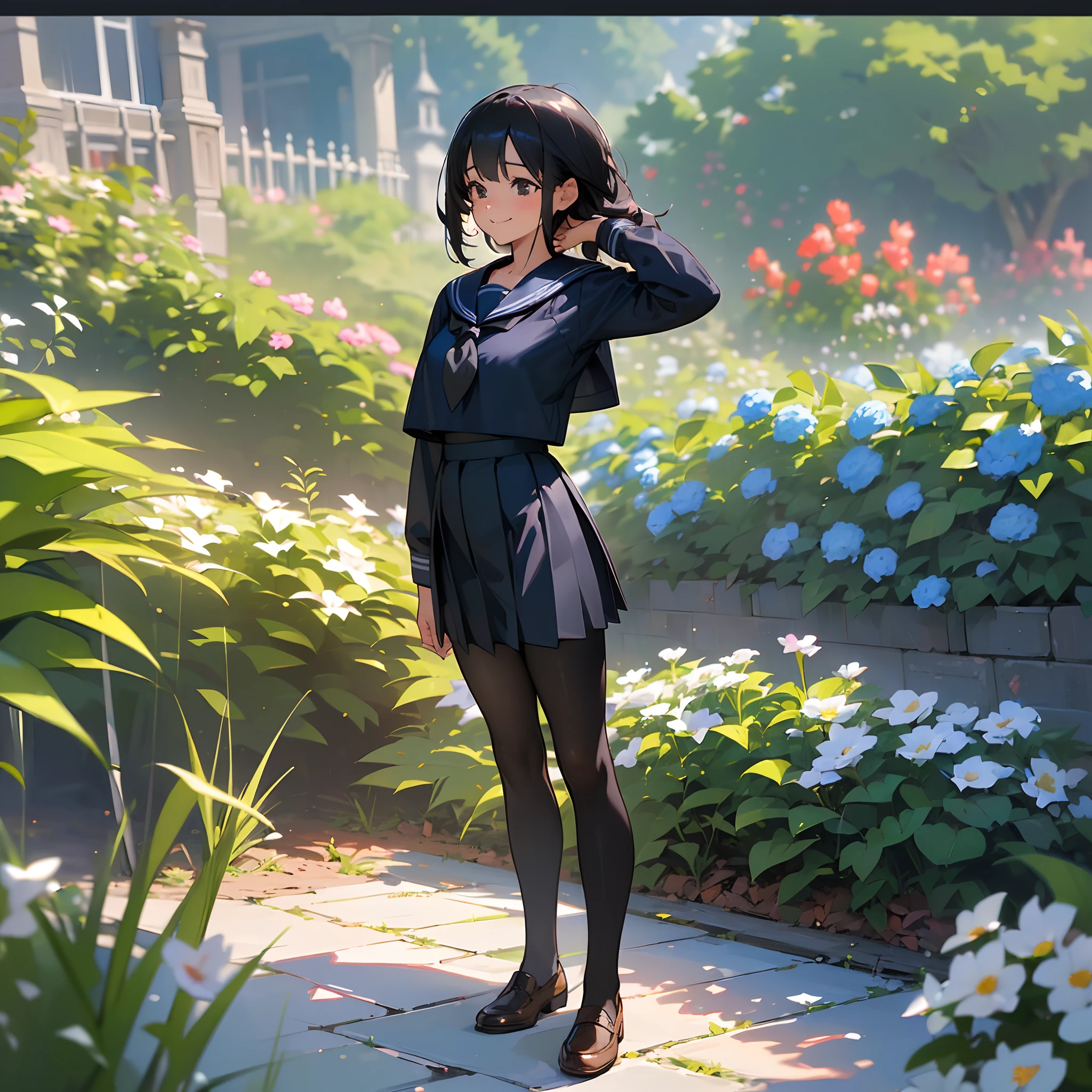 (Best Quality, hight resolution, Ultra-detailed, Realistic:1.37), peaceful ambiance, (plein air, garden), Teenage girl standing alone, Beautiful detailed features, Cute smile, ((Black bob hair)),Navy blue sailor suit, Pleated skirt,Black tights,Brown leather shoes.