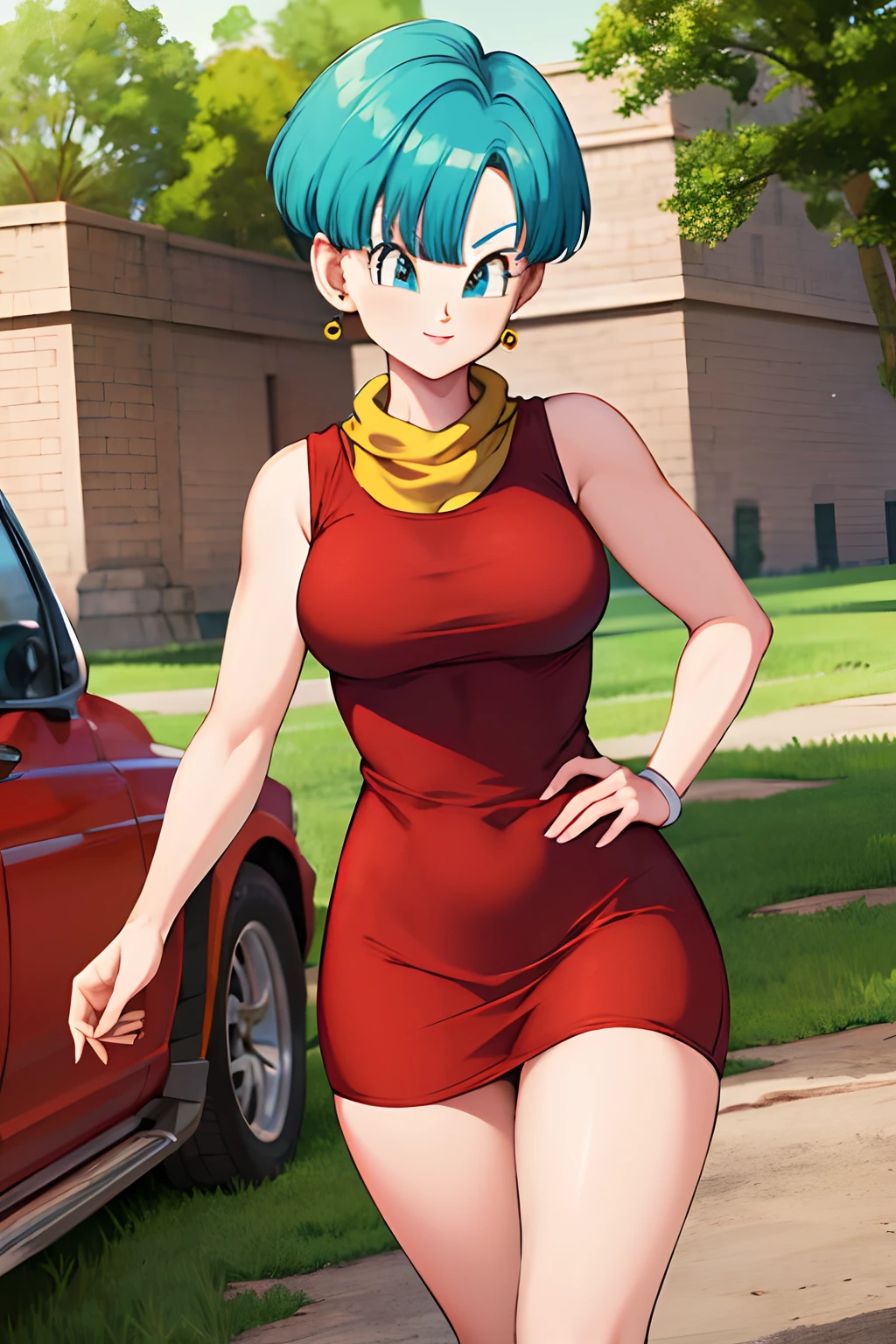 masterpiece, best quality, highres, dragon ball, blmshort, aqua hair, very short hair, earrings, jewelry, red dress, medium breasts, yellow scarf, short dress, sleeveless, outdoors, smile, cowboy shot, walking, ruins, building