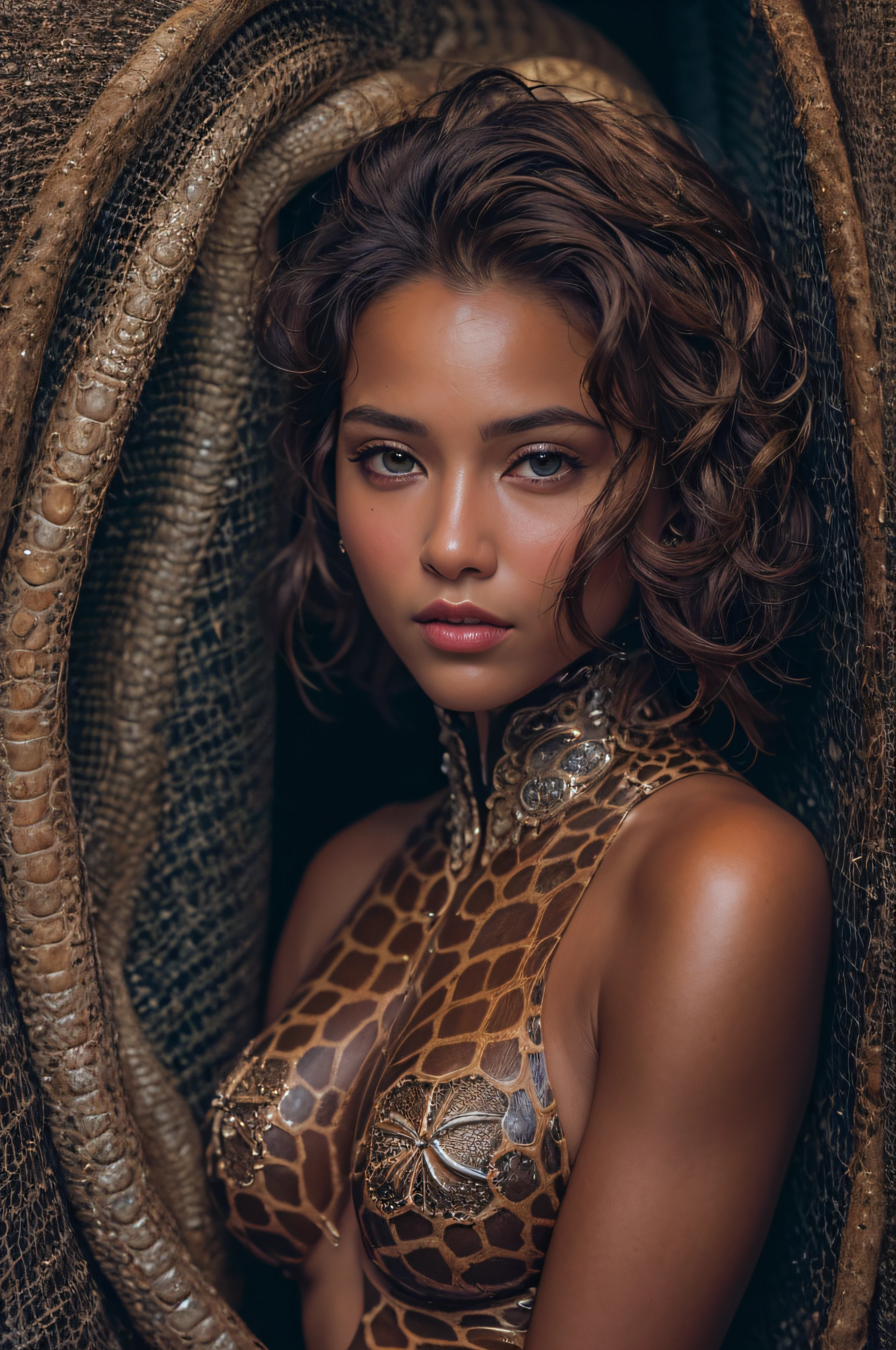 A genetic fusion of a very beautiful Reptilian and a very beautiful human woman. masterpiece, best quality, photo-realistic, 8k, high resolution, camera at a distance of 8 meters, detailed brown skin, 8k uhd, dslr, soft lighting, high quality, film grain, Fujifilm XT3, full body