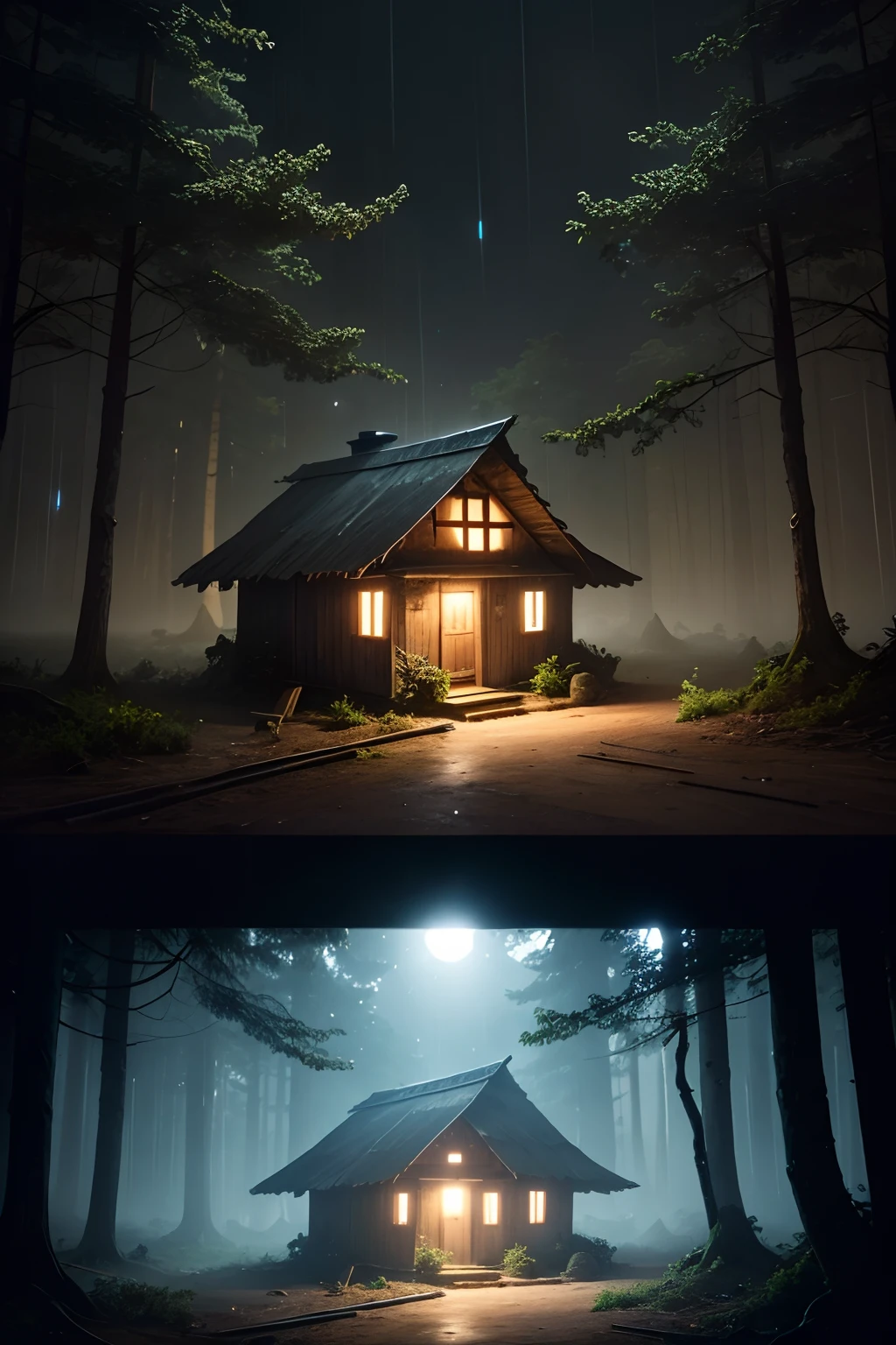 a hut next to the dirt road, with a forest in the back, at night, raining, with glowing eyes in the darkness of the forest
