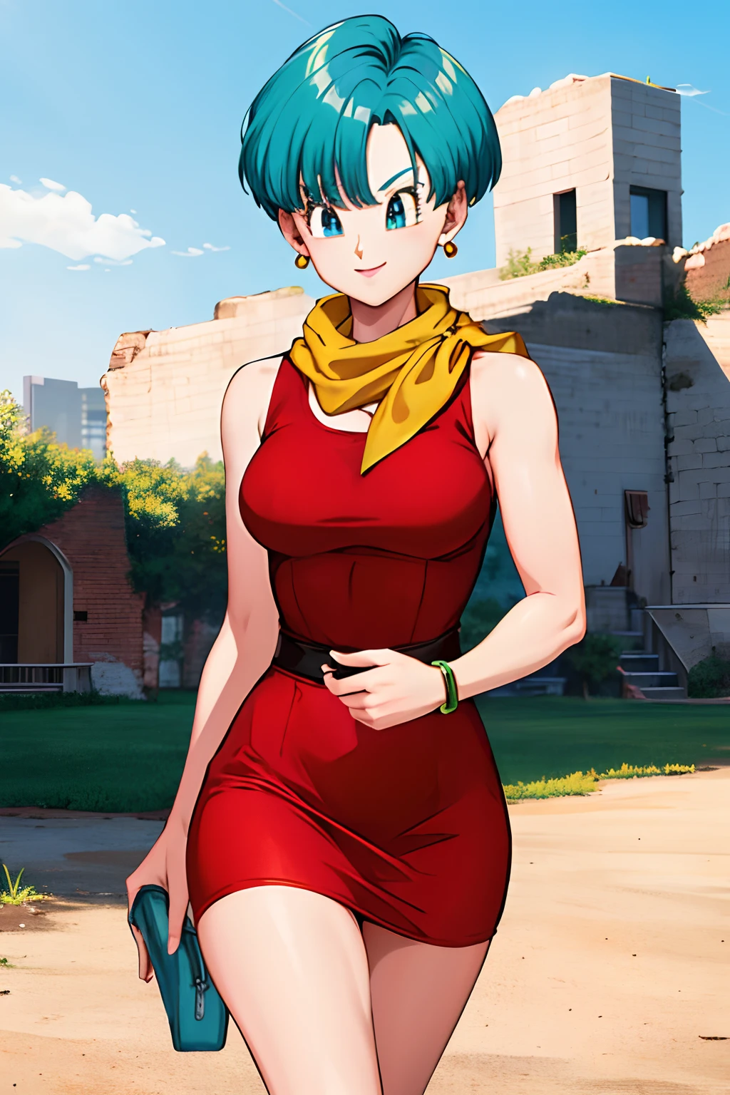 masterpiece, best quality, highres, dragon ball, blmshort, aqua hair, very short hair, earrings, jewelry, red dress, medium breasts, yellow scarf, short dress, sleeveless, outdoors, smile, cowboy shot, walking, ruins, building