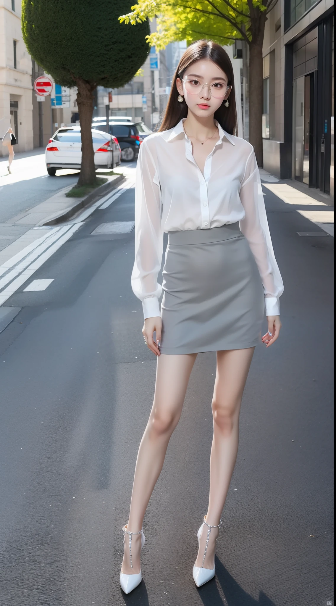 Ultra-clear resolution,top Quority,Wonderful young girl,Large glasses,ear studs,Clear eyes,plain face,Gloss on lips,s the perfect face,White skin,Perfect chest,Slender legs,Gray office miniskirt,high-heels,street