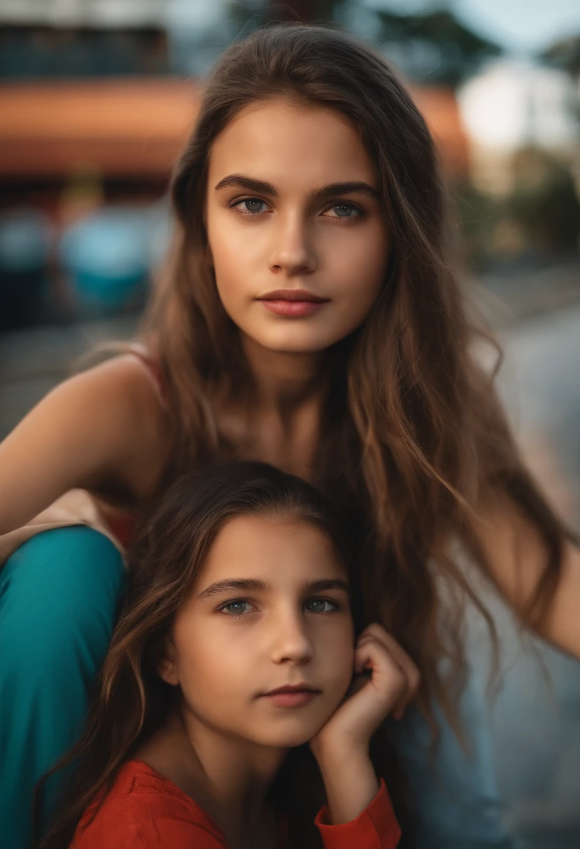Uma menina com 10 anos, cabelos loiros, olhos claros, bonita, caminhando para a escola com casal de amigos.