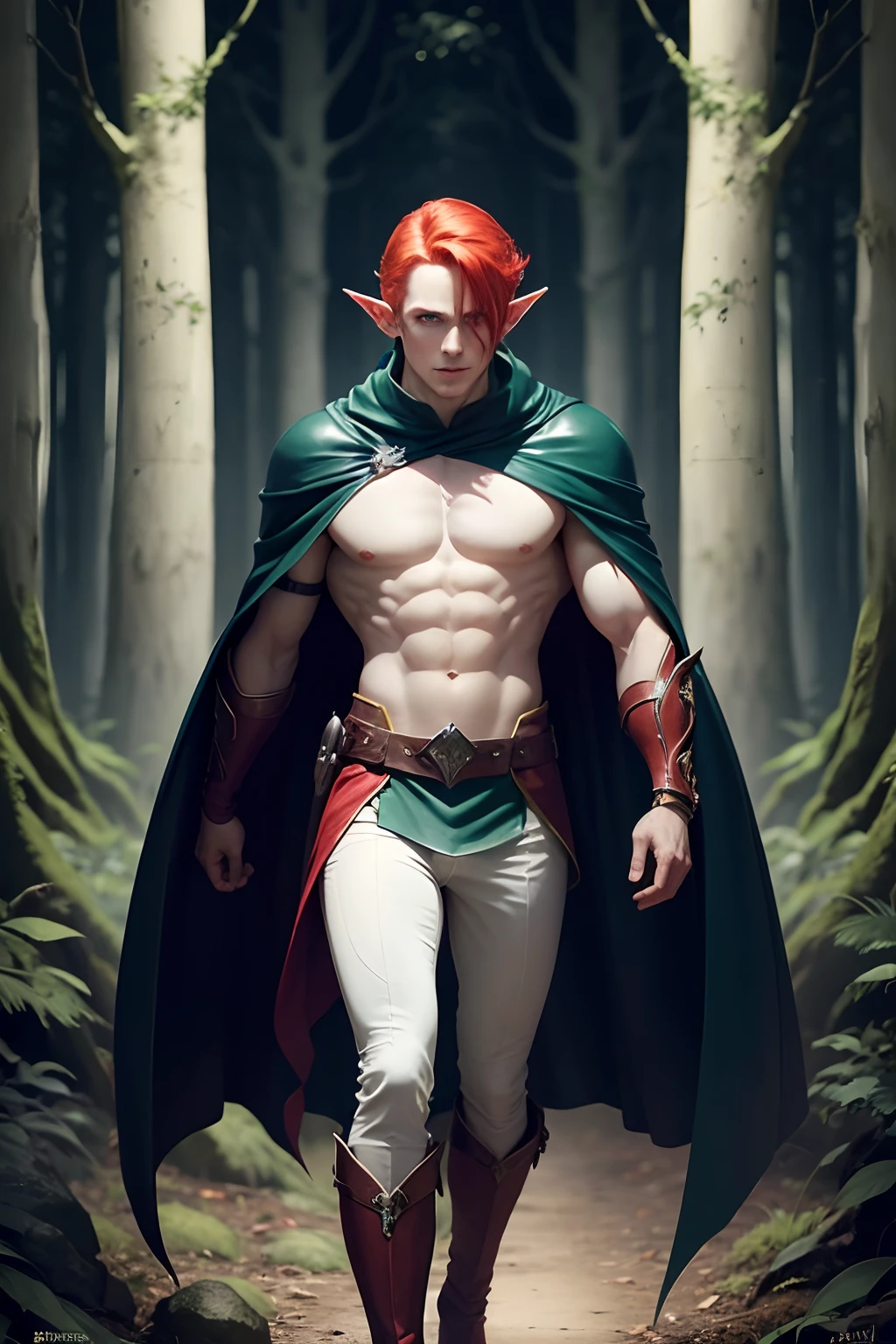 Elf man with white skin, shoulder-length red hair, green eyes, a black cape and a blue leather outfit, in the forest, at night, full body