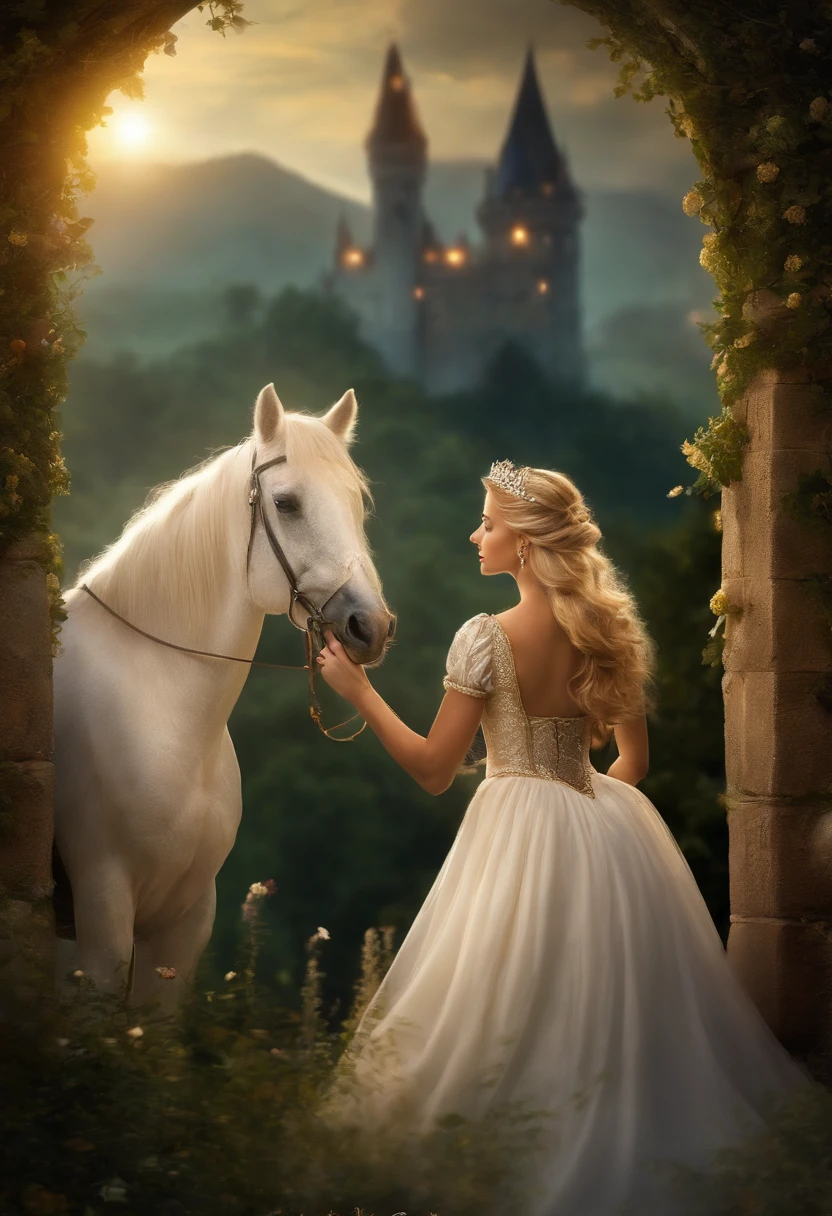 Rapunzel ,fairytale princess,beautiful long golden hair,pretty face,enchanted tower,flowing dress,towering castle in the background,tangled hair, beautiful detailed eyes,beautiful detailed lips,enchanted garden,magical lanterns floating in the air,mysterious forest,prince on a white horse,ethereal light,enchanted atmosphere,majestic view,medieval setting,dreamy feel,mystical aura,princess trapped in a tower,fantasies come true,enchanted princess,glowing hair,enchanted braids,hopeful expression,fairy godmother,romantic love story,rescuing the damsel in distress,fairy tale ending,happy ever after,filled with magic,whimsical charm,enchanted journey,storybook adventure,magic spells,enchanted melody,colourful flowers,butterflies fluttering around,sparkling stars,moonlit night,soft sunlight,free-spirited princess,happiness and joy,magical transformation,emerald green forest,royal crown,royal gown,prince charming's kiss,princess's window view,pure innocence.