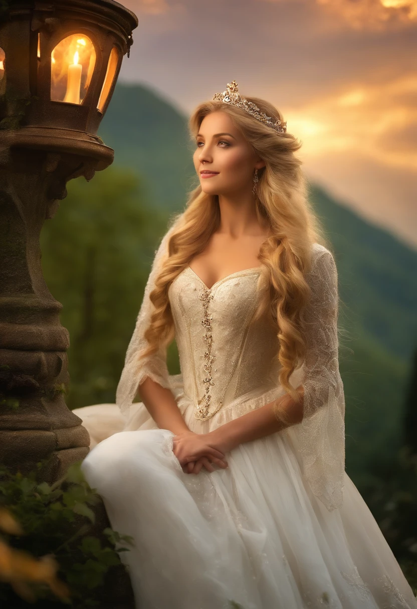 Rapunzel ,fairytale princess,beautiful long golden hair,pretty face,enchanted tower,flowing dress,towering castle in the background,tangled hair, beautiful detailed eyes,beautiful detailed lips,enchanted garden,magical lanterns floating in the air,mysterious forest,prince on a white horse,ethereal light,enchanted atmosphere,majestic view,medieval setting,dreamy feel,mystical aura,princess trapped in a tower,fantasies come true,enchanted princess,glowing hair,enchanted braids,hopeful expression,fairy godmother,romantic love story,rescuing the damsel in distress,fairy tale ending,happy ever after,filled with magic,whimsical charm,enchanted journey,storybook adventure,magic spells,enchanted melody,colourful flowers,butterflies fluttering around,sparkling stars,moonlit night,soft sunlight,free-spirited princess,happiness and joy,magical transformation,emerald green forest,royal crown,royal gown,prince charming's kiss,princess's window view,pure innocence.